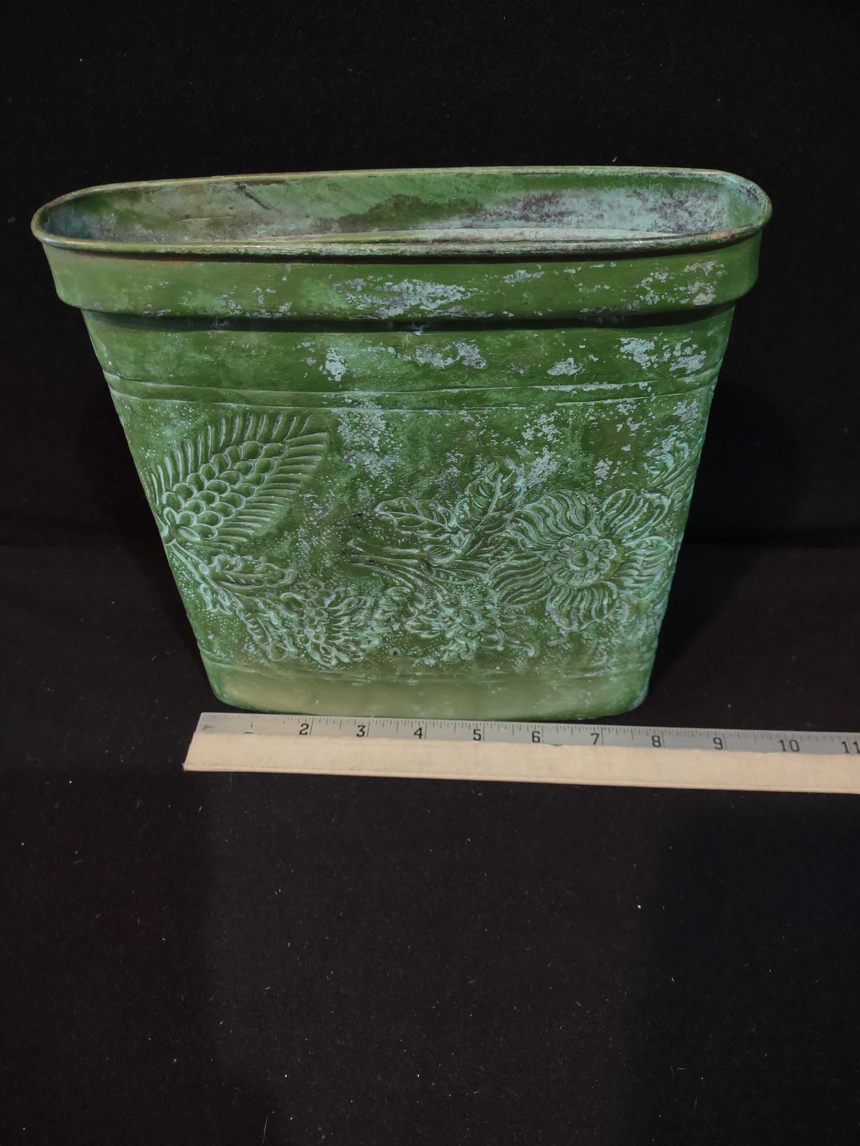 Vintage Rectangular Metal Planter Green Finish Embossed Floral India (Lot 5335)