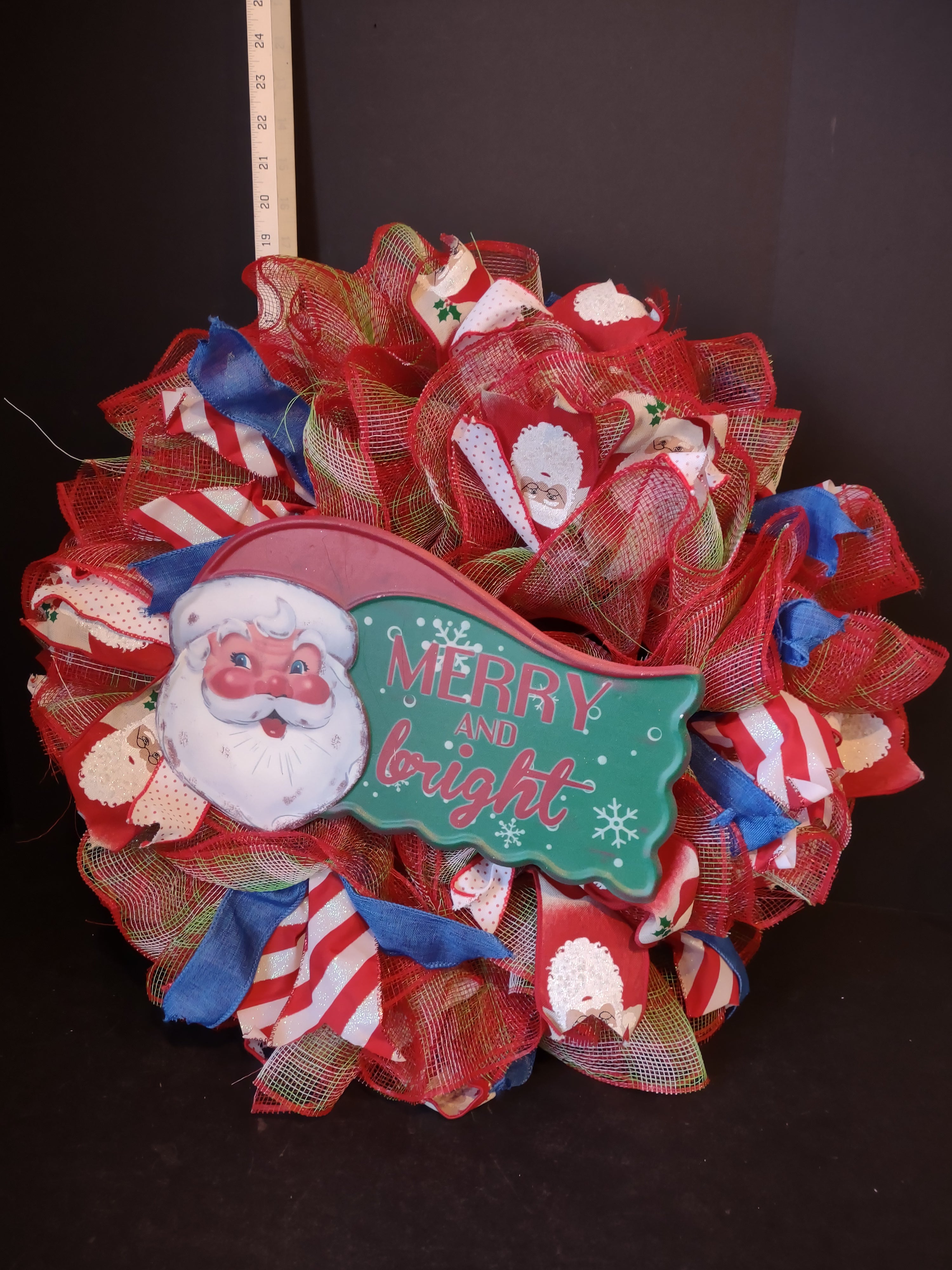 Handmade Christmas Wreath Sparkly Red White Blue Ribbon 22" Santa Merry lot 1294
