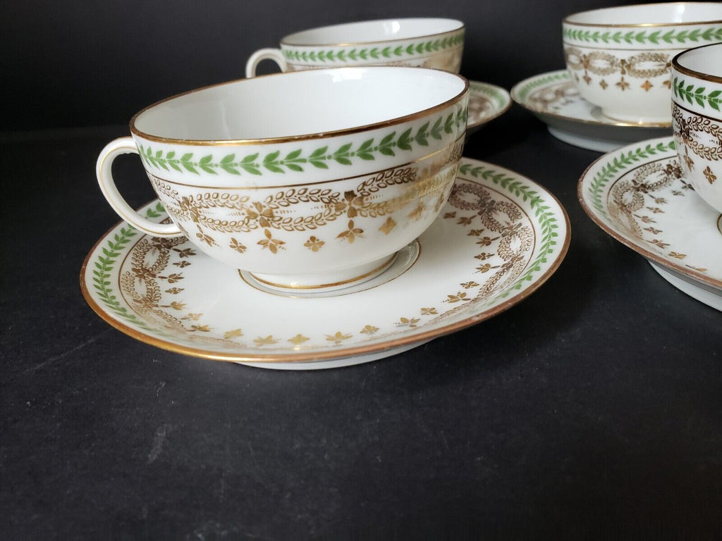 JP Limoges France Gold Trim Green Laurel 4 x Teacup & Saucer (583)