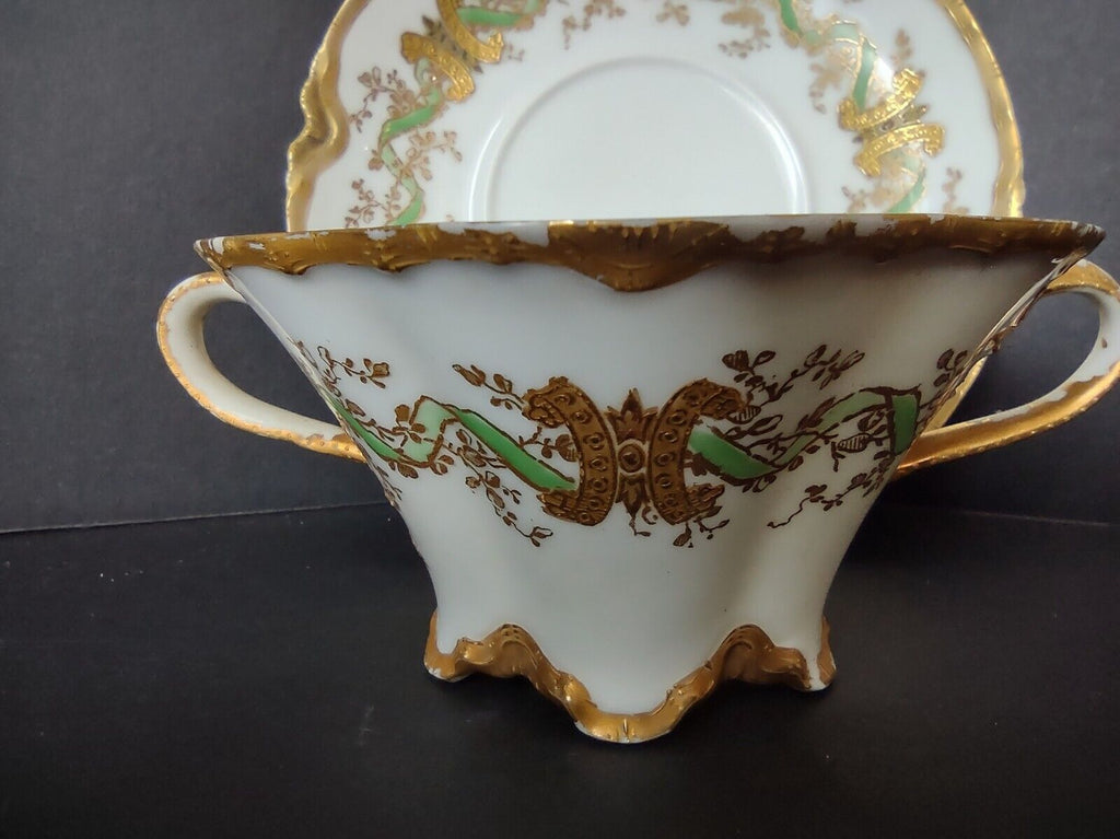 Haviland Limoges Green Heavy Gold Trim Bouillon Cup & Saucer IMPERFECT (lot 706)