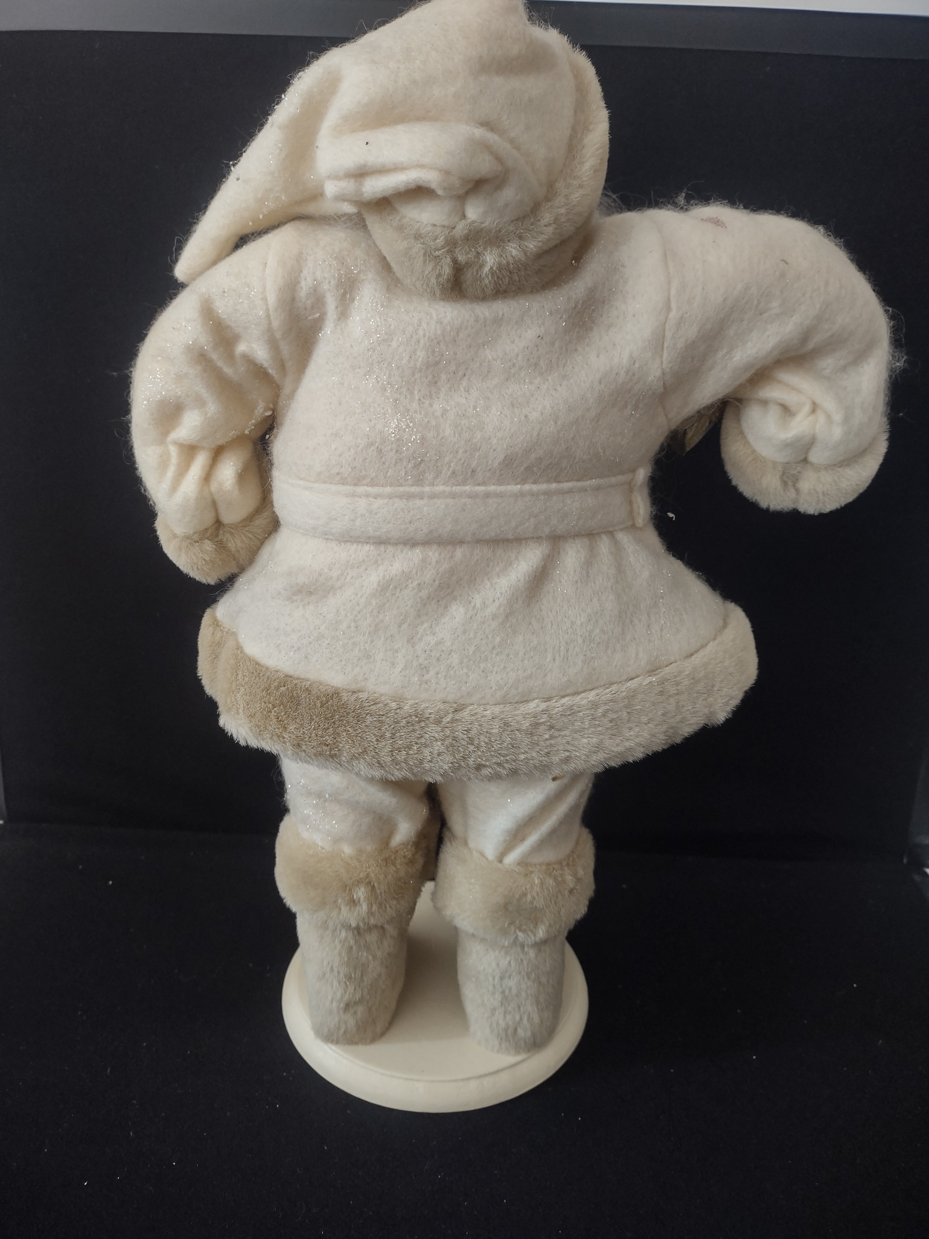 Vintage Christmas Beige Gold Plush Standing Santa Wooden Base (Lot 3593)
