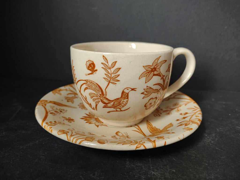 Vintage Ironstone Oriental Garden Johnson Bros Teacup Saucer Birds (lot 5545)