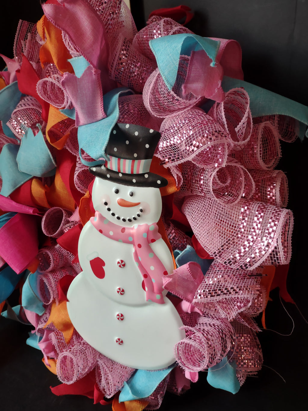 Handmade Christmas Wreath 24" Pink Orange Blue Ribbon Sparkly Snowman (lot 1291)