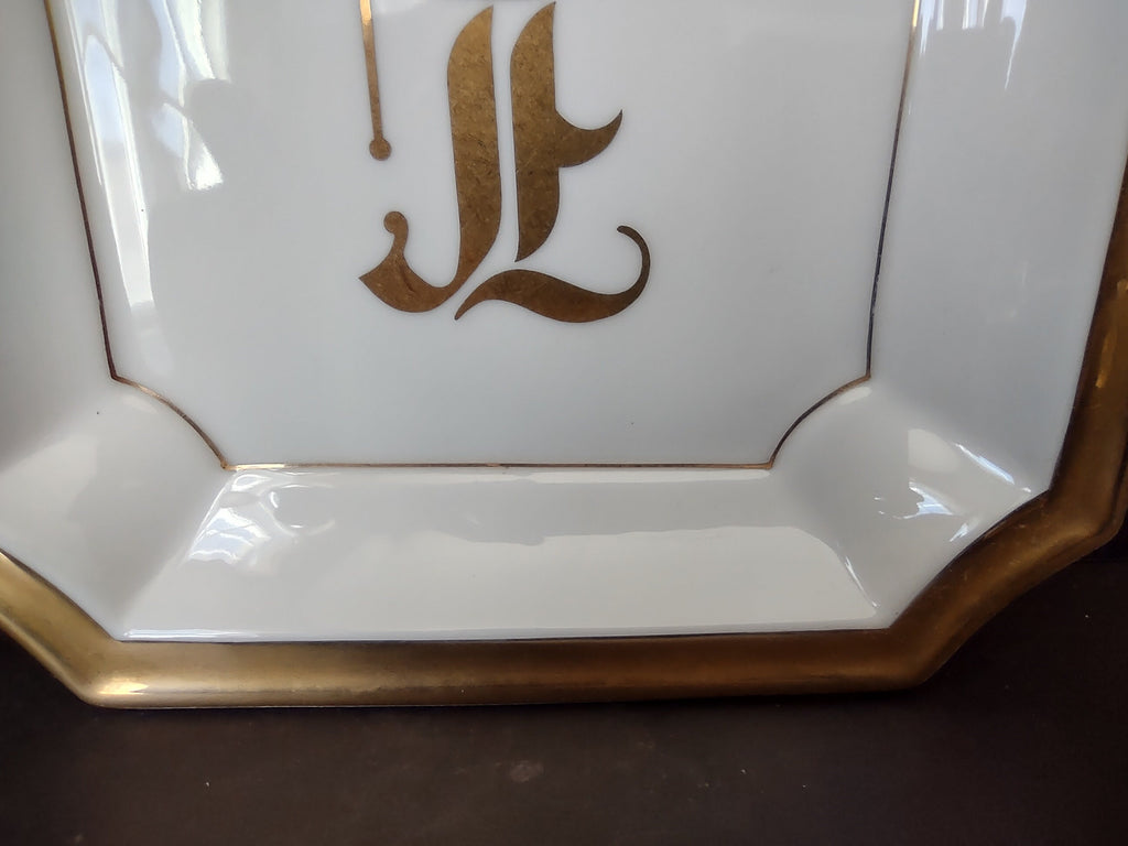 White Gold Trim Vintage Ashtray 8-1/4" x 8-1/4" Monogrammed L (lot 330)