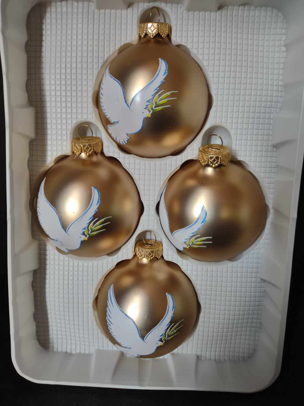 Vintage Christmas Visions Holly Glass Ornaments x 4 Dove Golden Matte (lot 3310)