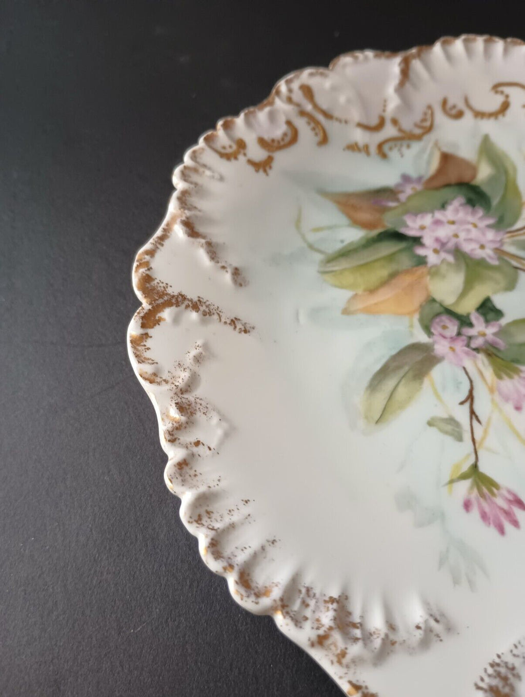 Limoges France JMC Plate Relief Molded Scrollwork Guild Gold Edge Pink (lot 366)