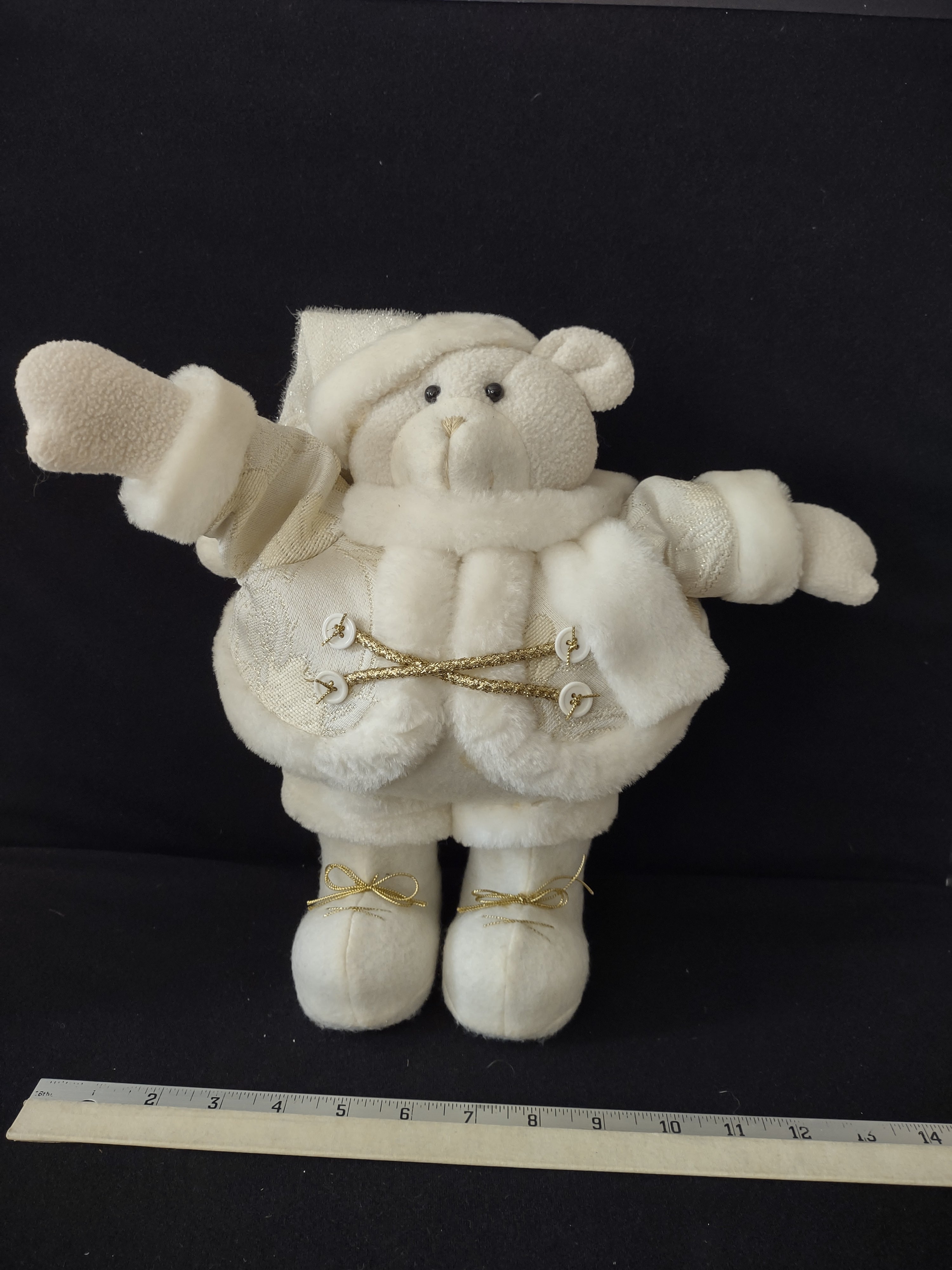 Christmas White Plush Santa Bear Hat Boots Weighted Gold Trim (Lot 4045)