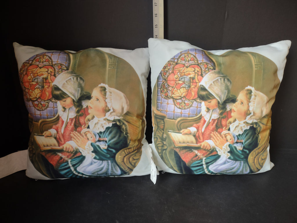 Christmas 14 x 14 Throw Pillow Girls Praying Sandra Kuck Print x 2 (Lot 4569)