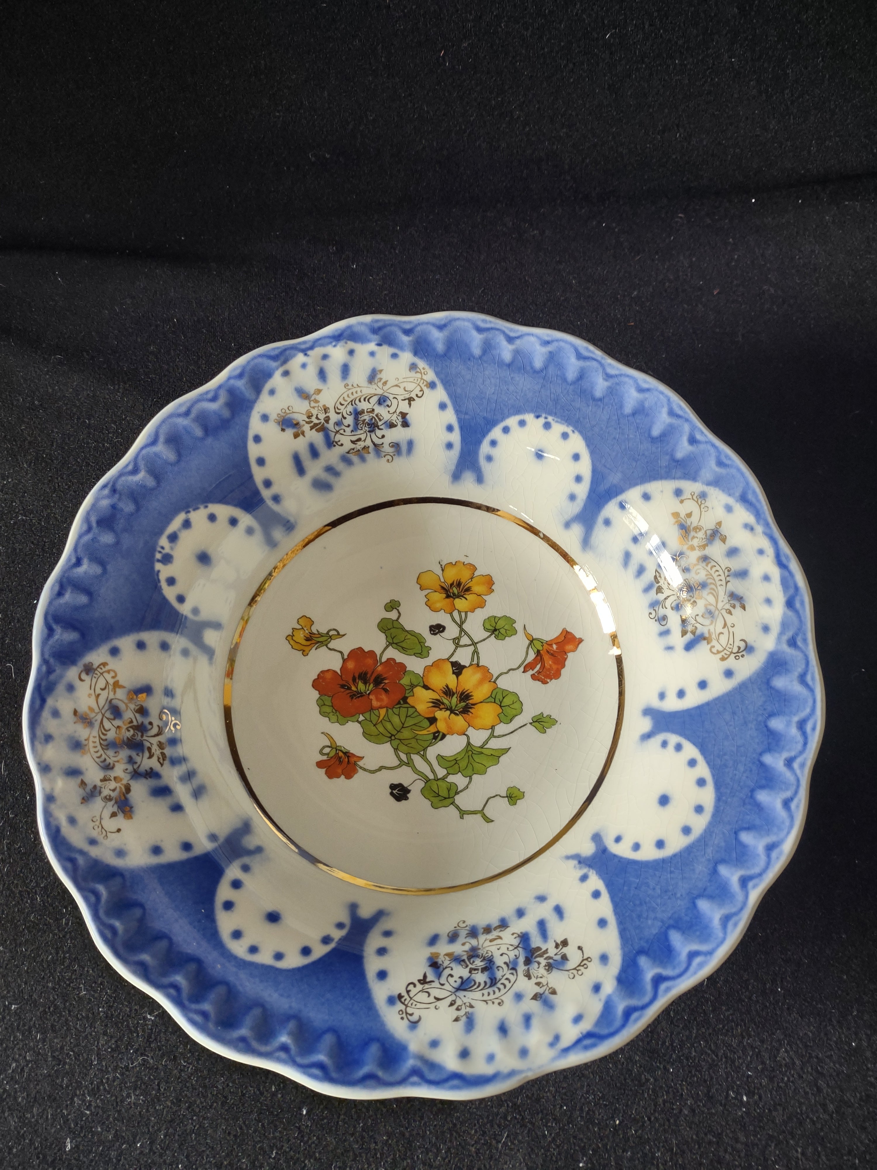 Vintage 9.5" Serving Bowl x 3 Green Yellow Blue Gold Trim Floral (Lot 5043)