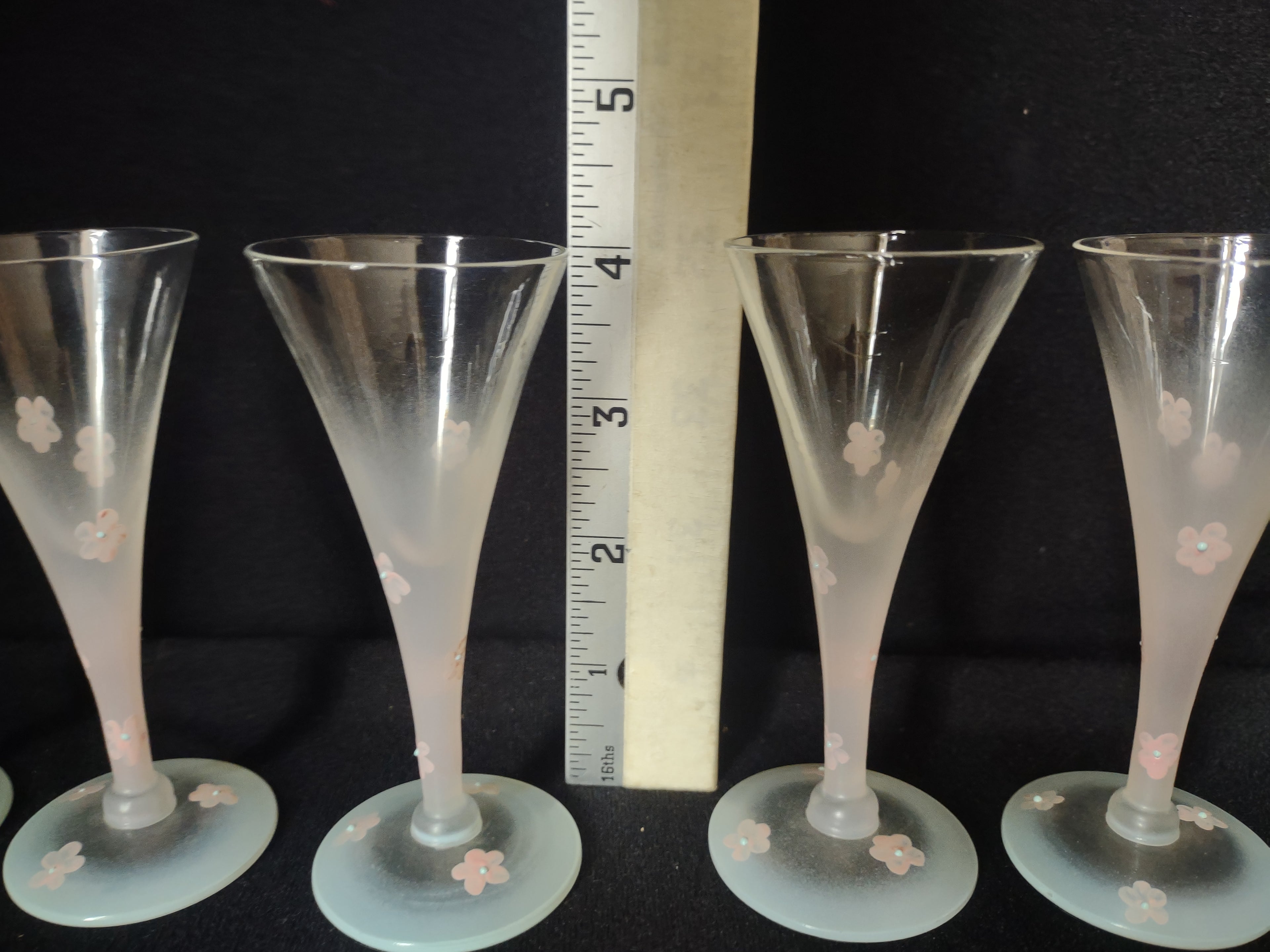 Set 6 Frosted Mini Small Martini Pink Flowers Hand Painted Vintage MCM (lot 2742