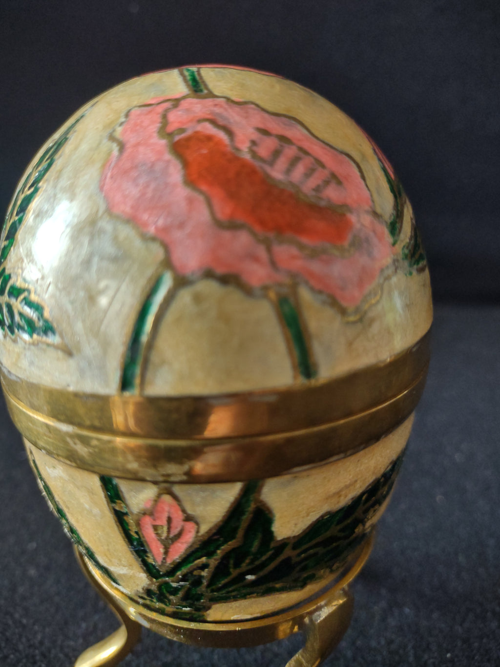 Vintage Enameled Brass Easter Egg Brass Stand Flowers Made in India (Lot 5063)