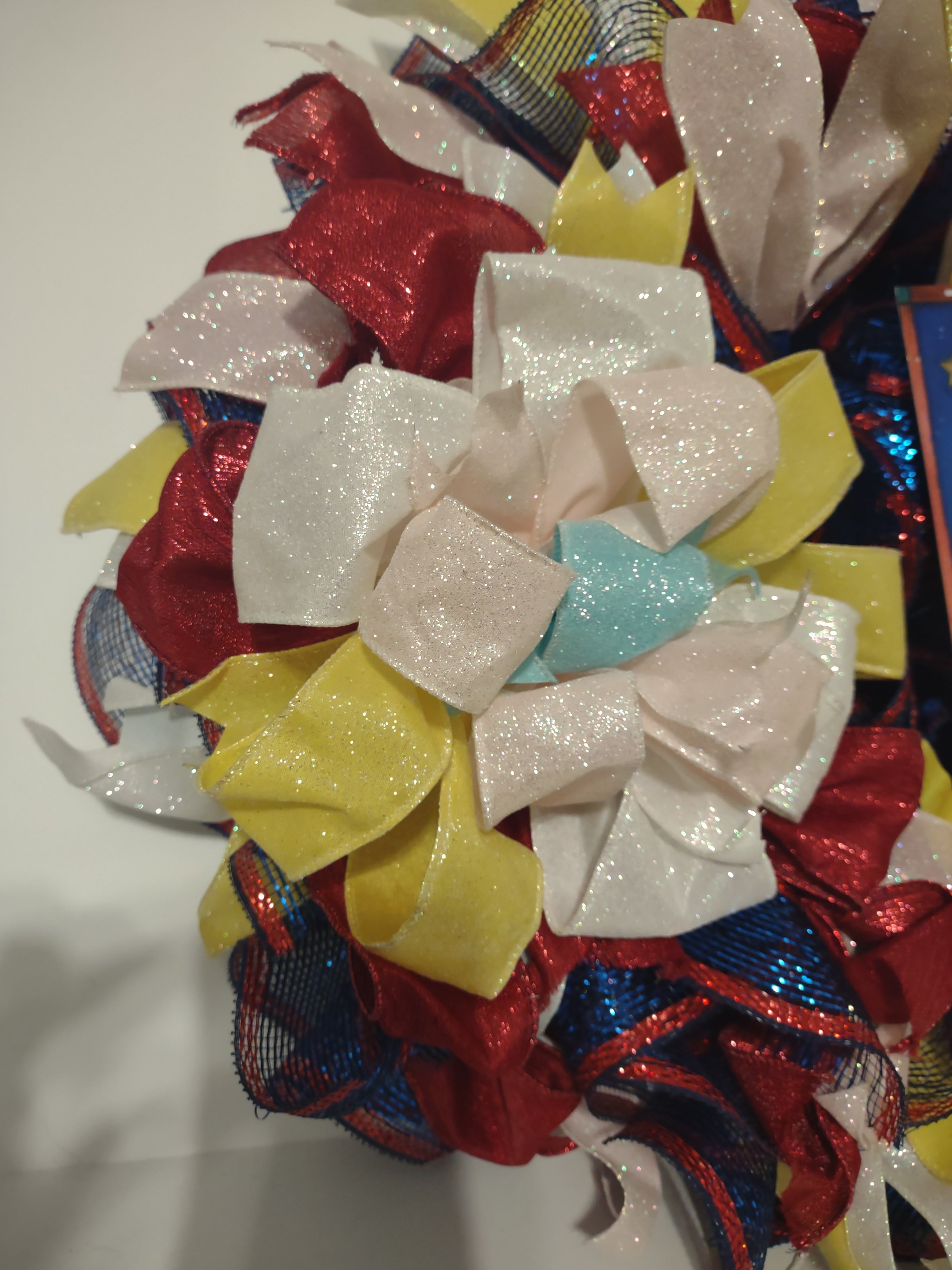 Handmade Christmas Wreath Red Blue White Sparkly Ribbon Snowman 20" (lot 1292)