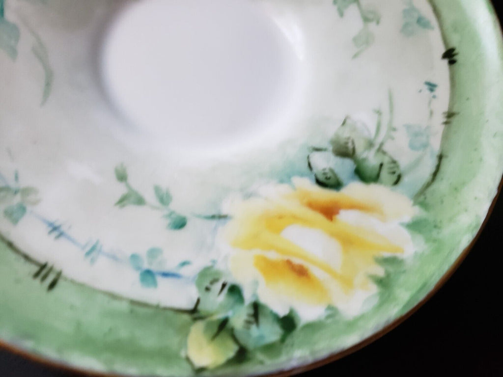 1870-1945 Vintage KPM Germany Teacup & Saucer Yellow Rose Green Design (lot 653)