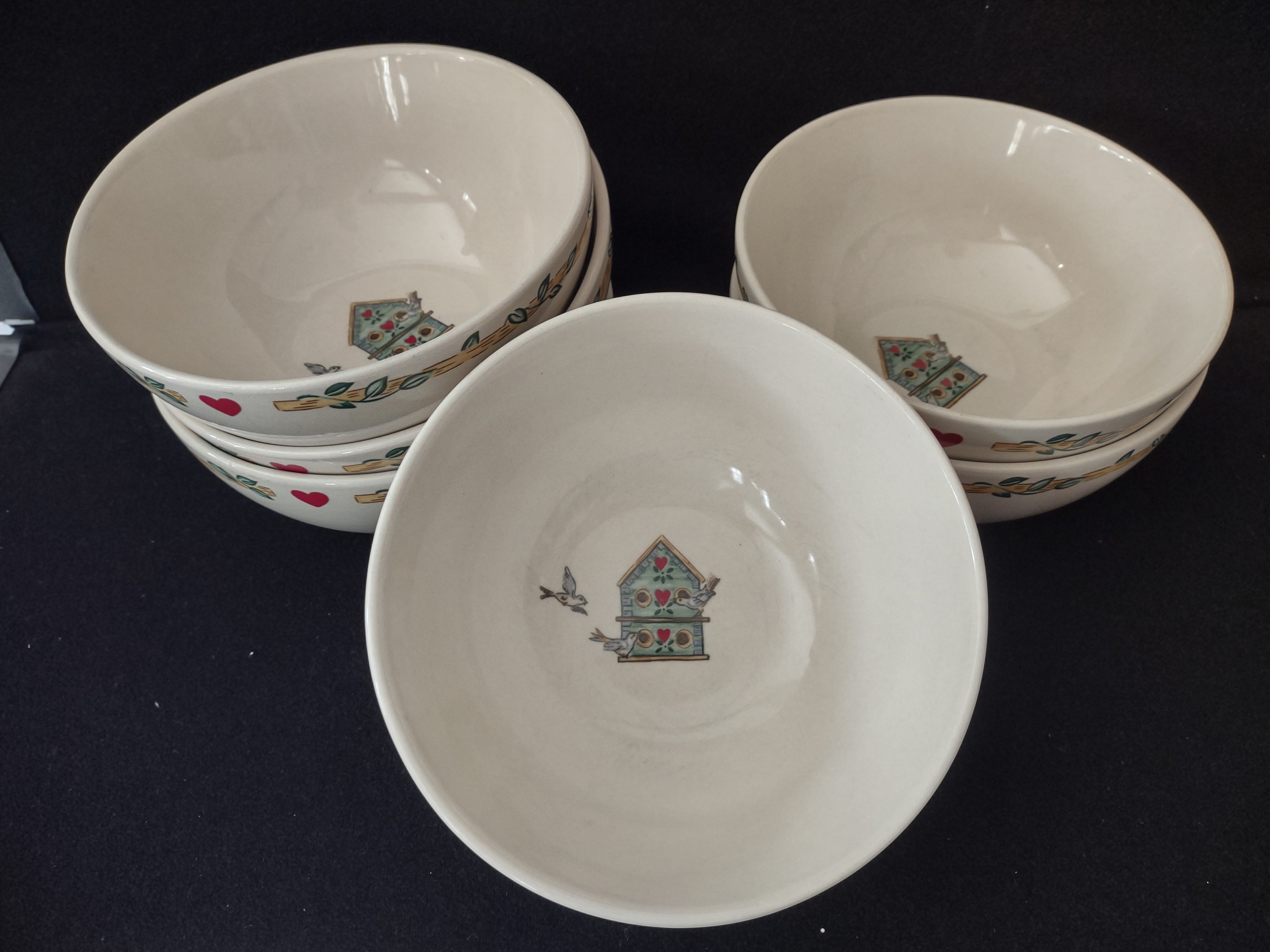 Vintage Thomson Pottery Birdhouse Soup Cereal Bowls X 6 (Lot 2925)