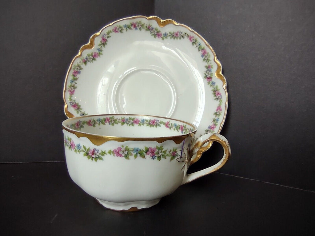 Haviland Limoges Gold Trim Pink Flower Garland Teacup & Saucer IMPERFECT lot 707
