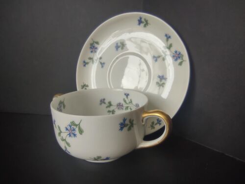 Vintage French Chick GDA Limoges Bouillon Cup & Saucer Blue Flower (lot 764)