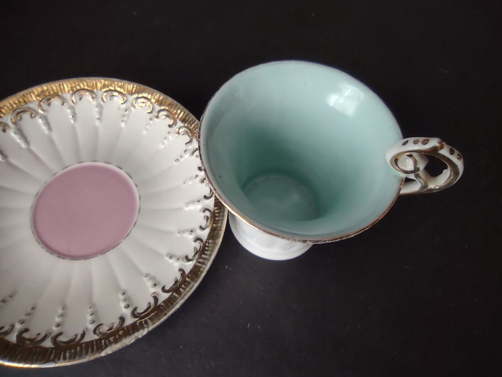 3 x Vintage Demitasse Cup Pink Blue Gold Scroll Trim (lot 518)