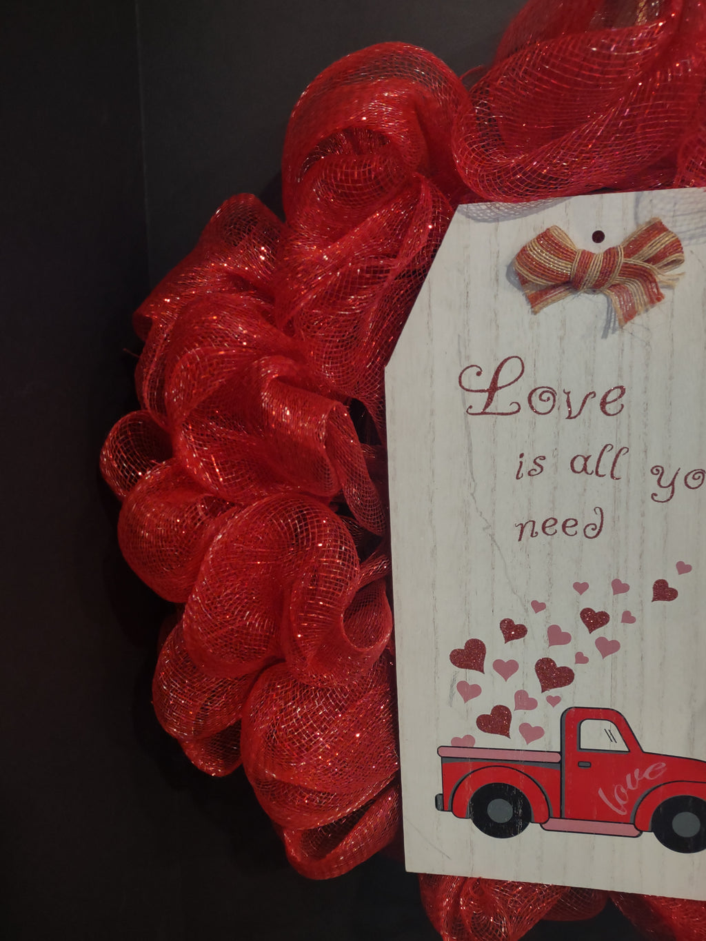 Valentines Day Red Truck Mesh Ribbon Wreath 22" (lot 1386)