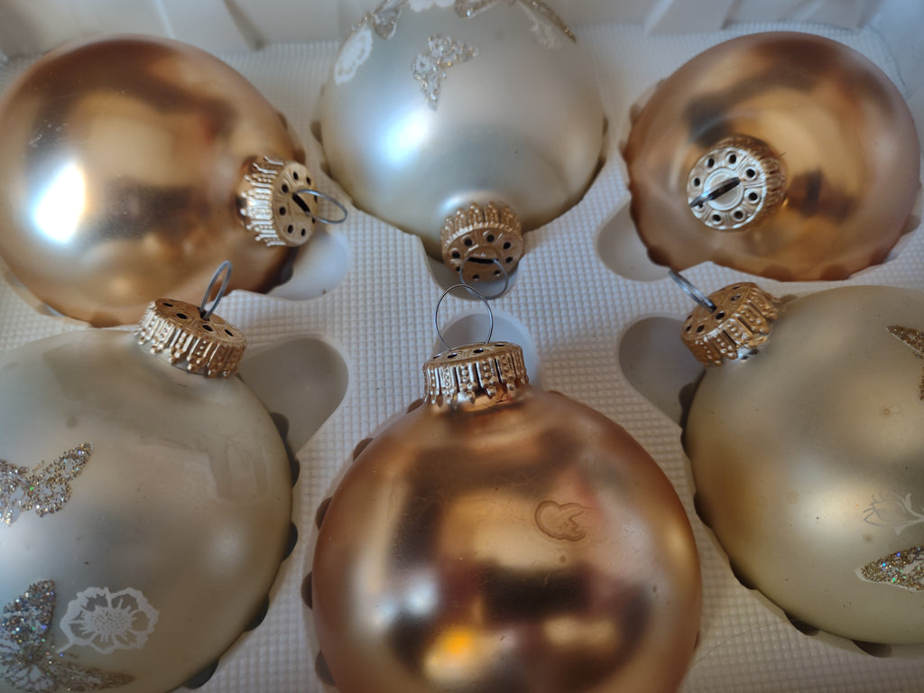 Vintage Christmas Set 6 Glass Ornaments Krebs 3" Butterfly Golden (lot 1434)