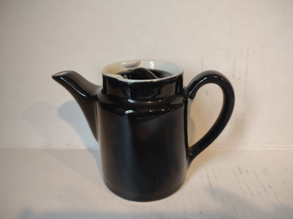 Vintage High Gloss Black Glaze White Lining Small Ceramic Teapot 4" (lot 5336)