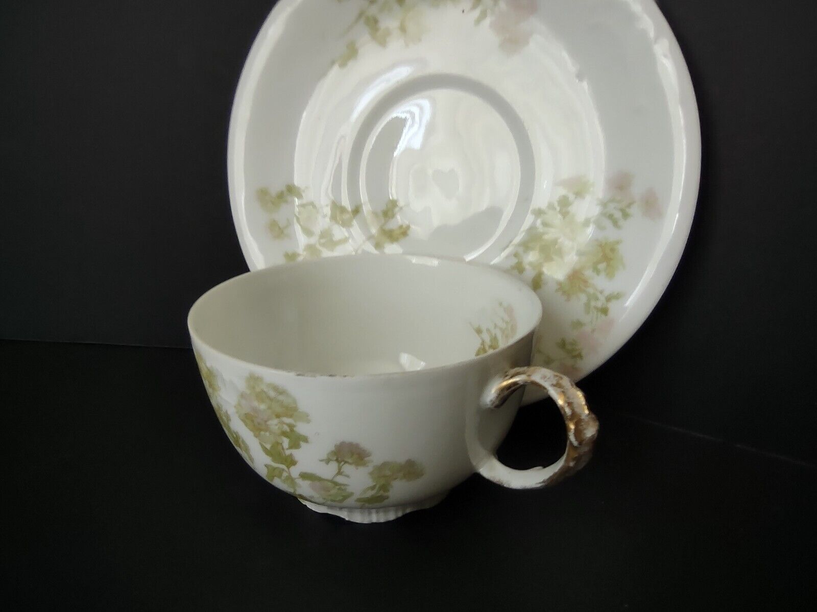 JP Limoges France Porcelain Teacup & Saucer Green Flower Gold Handle (lot 734)