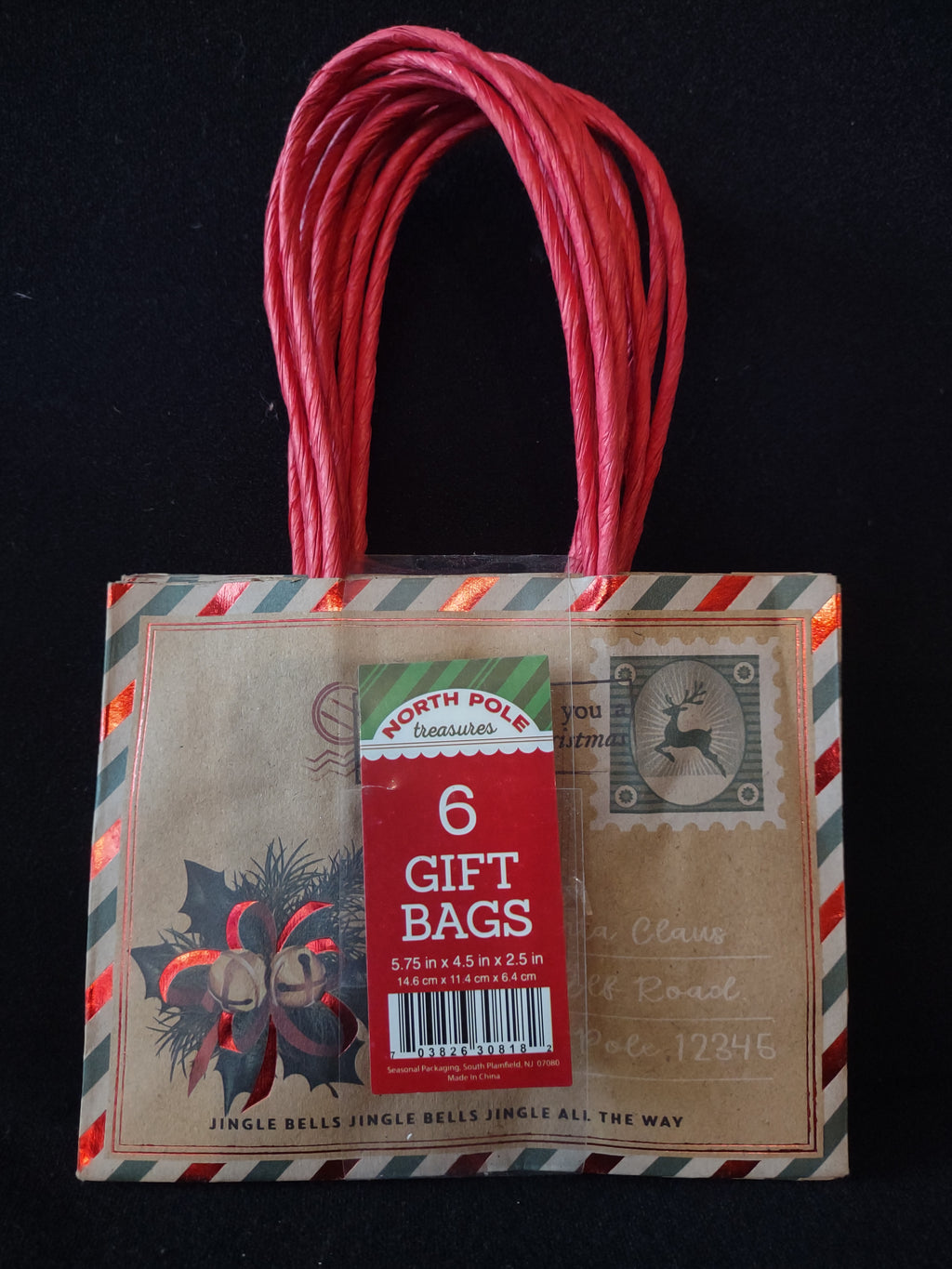 ChristmasSmall Brown Paper Gift Bag Holly Bell Santa Reindeer x 30 (Lot 4590)