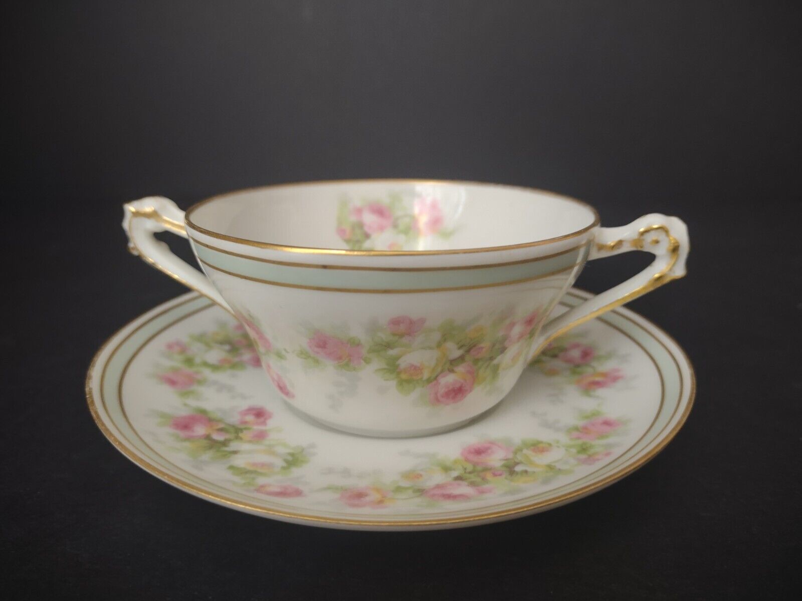 Old Abbey Limoges France 2 x Bouillion Cup Mint band Gold Trim Rose (lot 547)