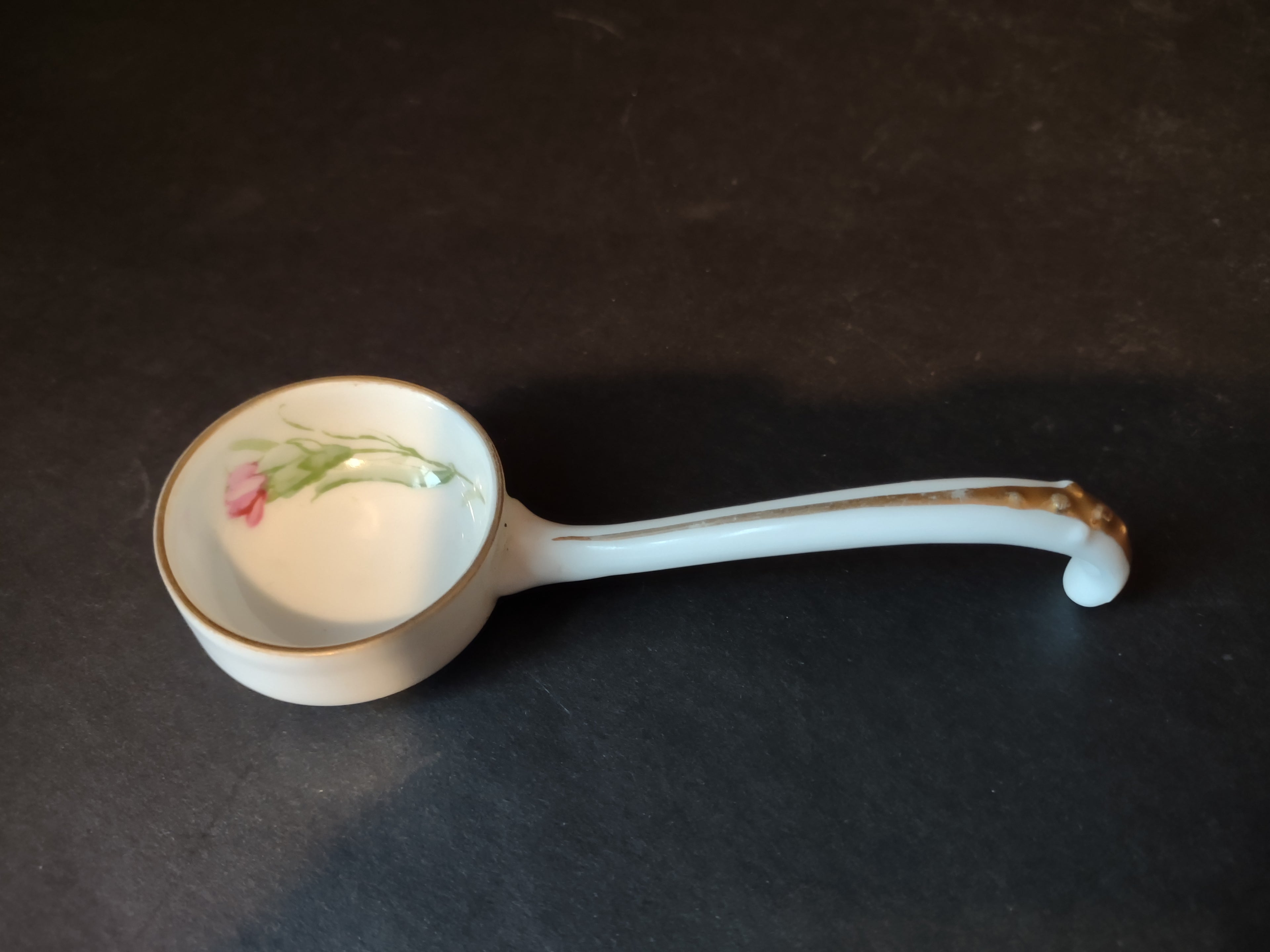 Vintage Small Spoon Ladle White Golden Trim Pink Flower (lot 5359)
