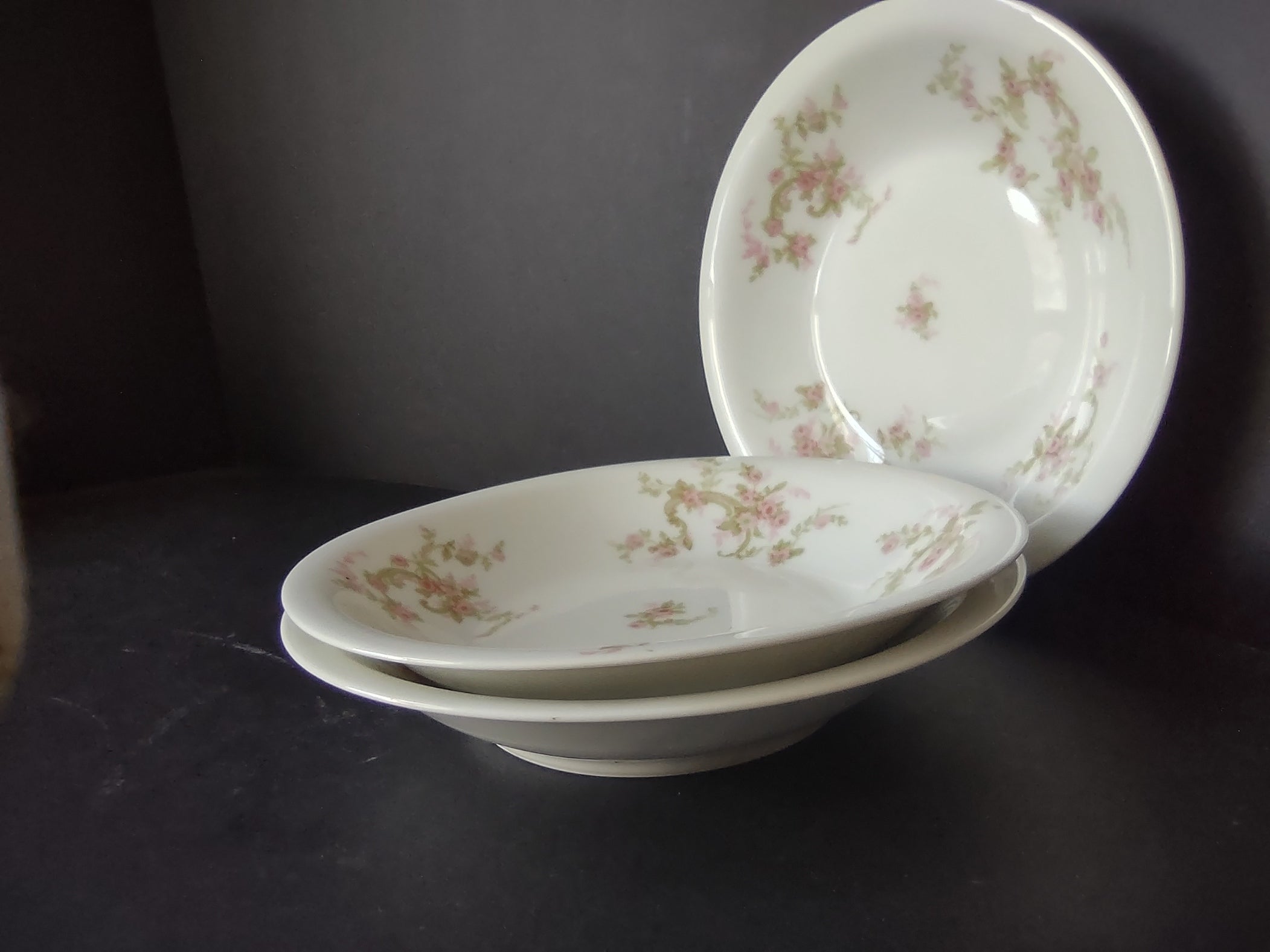 Haviland Limoges 3 x Cream Soup Plate Pink Rose Green Ribbon (lot 891)