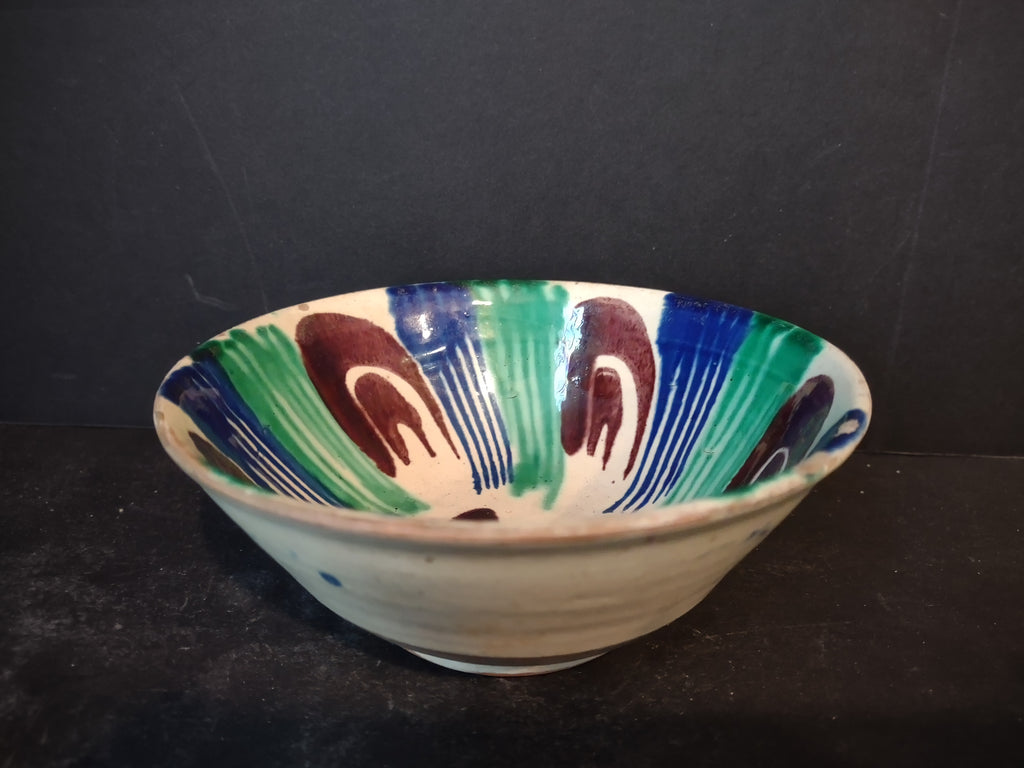 Vintage Stoneware Mexico Small Bowl Green Cobalt Blue Green Bird (lot 5341)