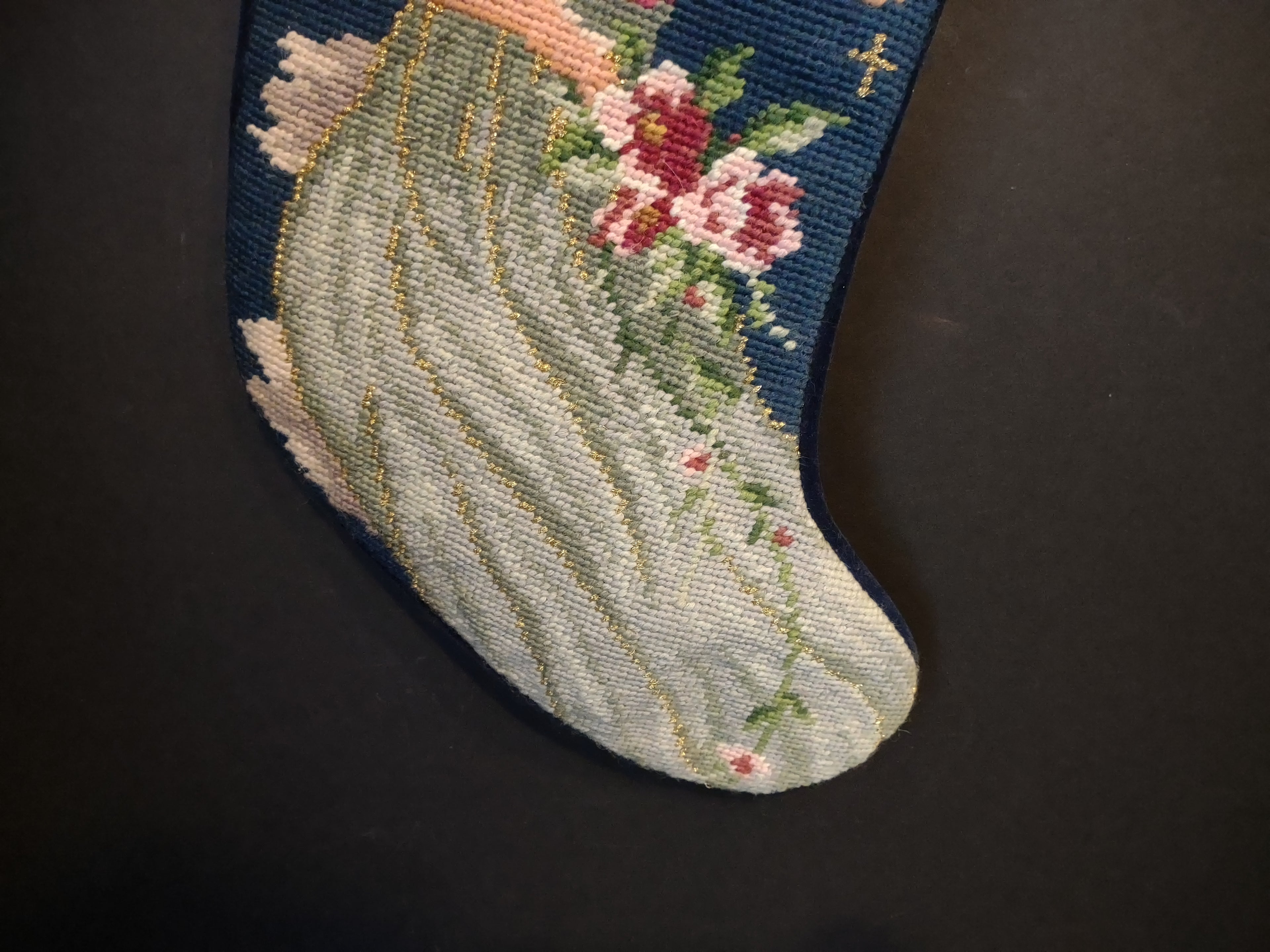 Vintage Wool Needlepoint Peace on Earth Angel Christmas Stocking 16" (lot 3372)