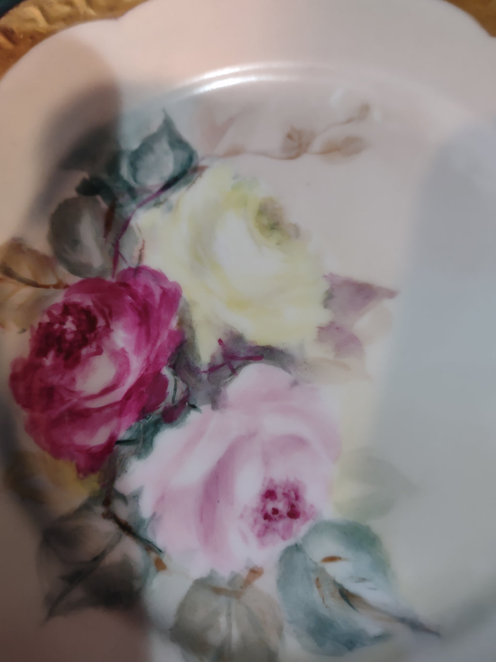 Vintage German Carmen Porcelain Plate Pink Roses Gilded Gold Rim X 3 (Lot 5350)