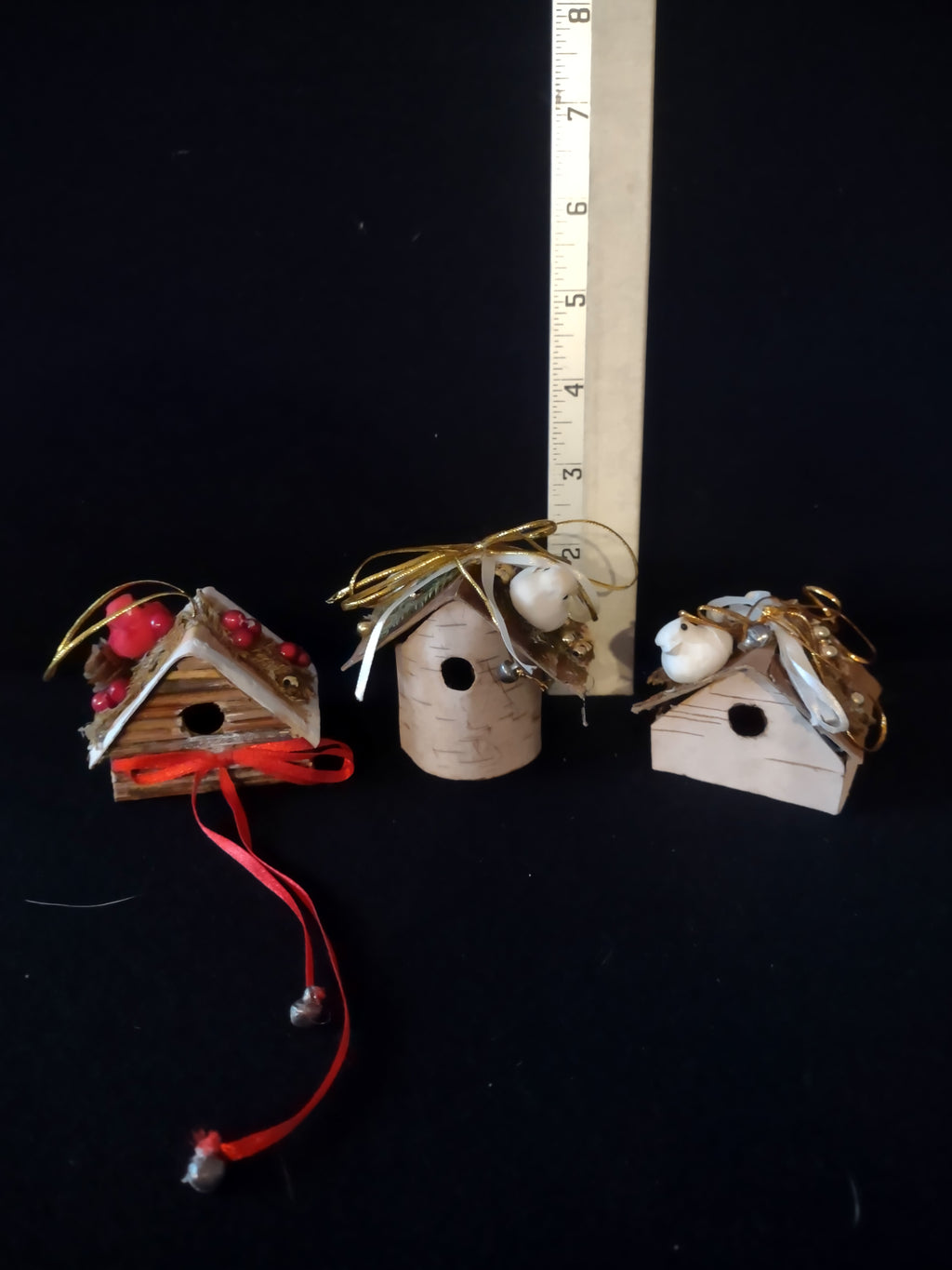 Christmas Winter Bird House Ornament Wood Bark Ribbon Birds Set Of 3 (Lot 4597)