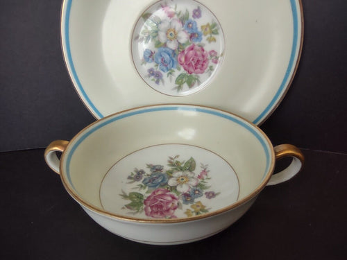 Ahrenfeldt Limoges France Bouillon Cup & Saucer Gold Blue Trim Rose (lot 737)