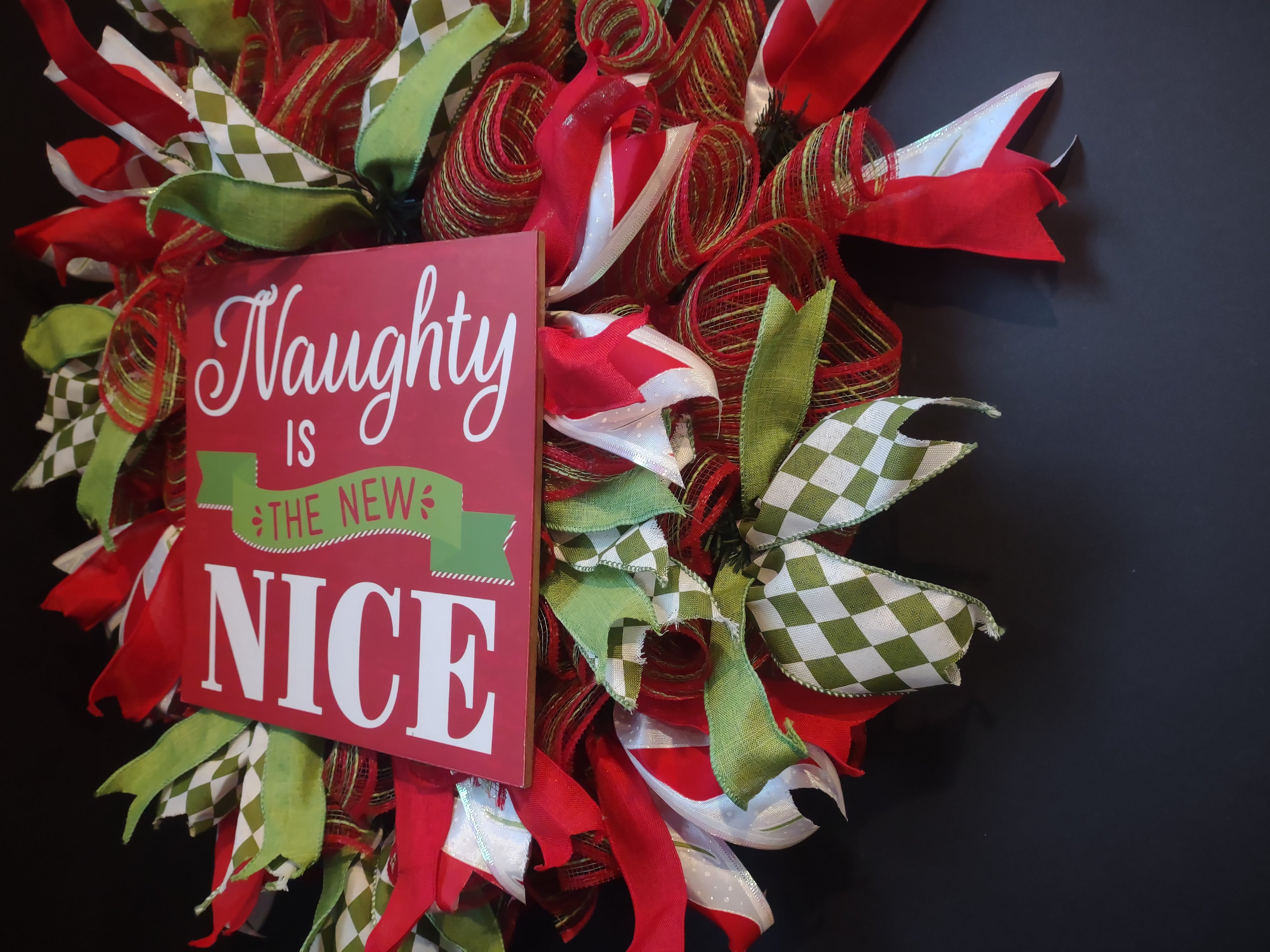 Christmas Naughty is New Nice Mesh Ribbon Wreath Handmade 22" (lot 1398)