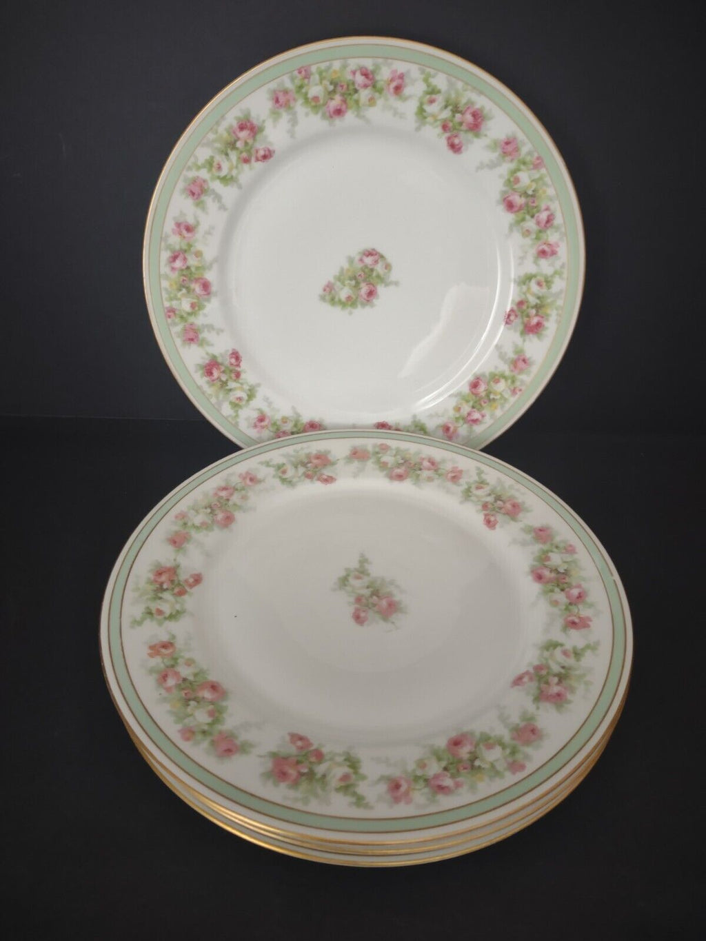 Coronet Limoges France 4 x Dinner Plate Mint Band Gold Trim Pink Rose (lot 550)