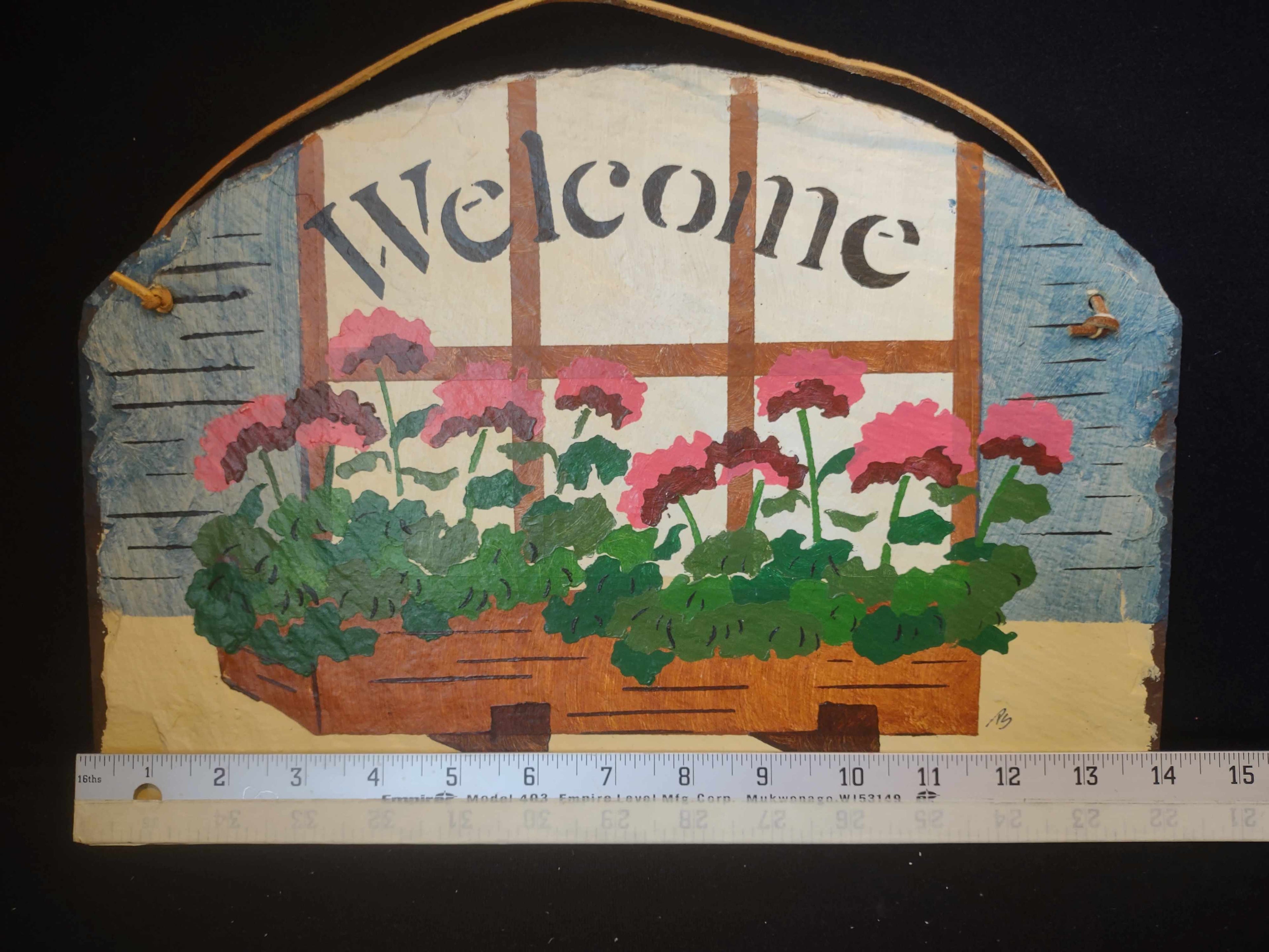 Vintage Slate Stone Painted Flower Bed Welcome Sign 14" x 10" (lot 2685)