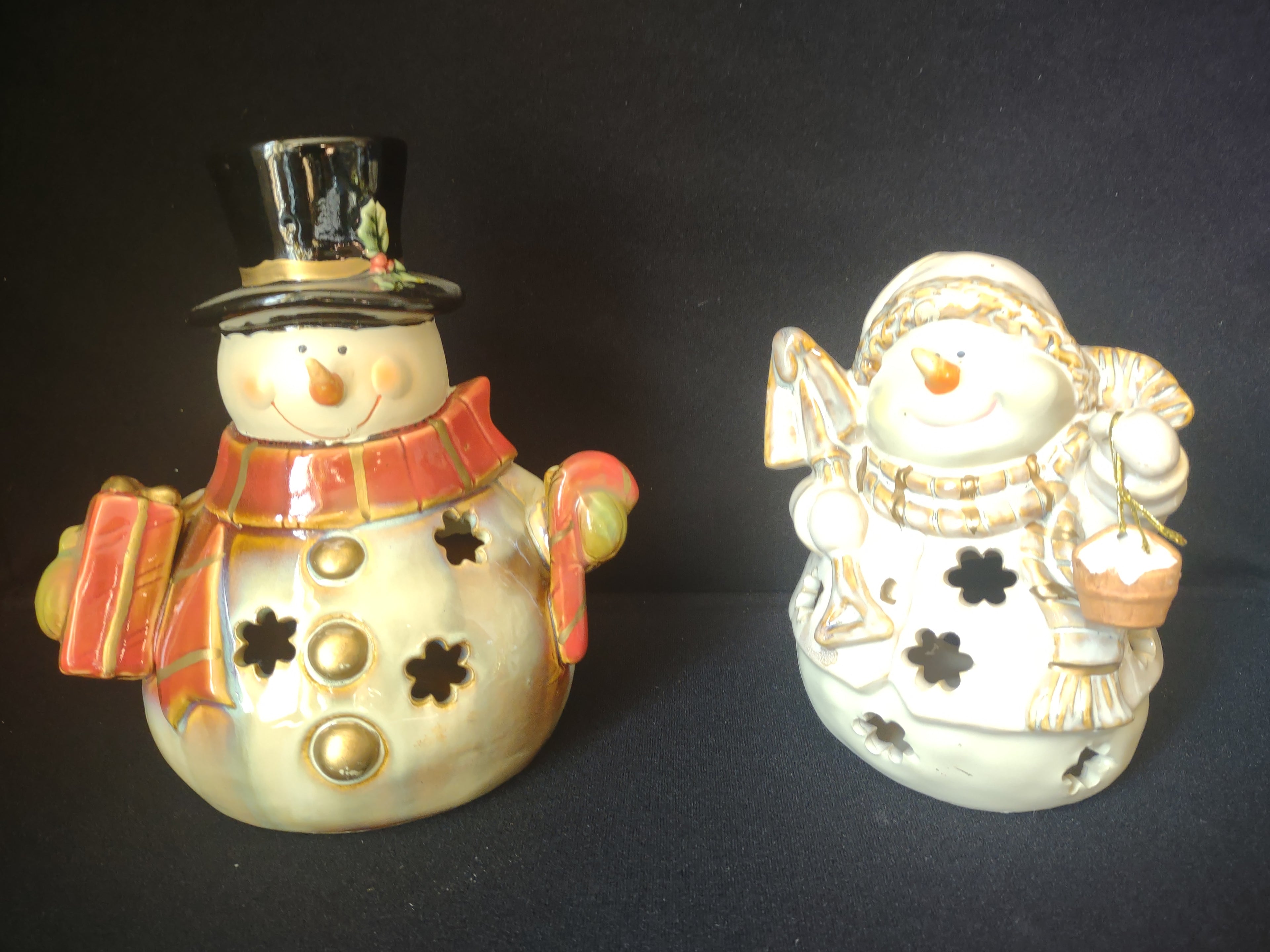 Set of 2 Tealight Holder Ceramic Christmas Snowman (lot 1705)