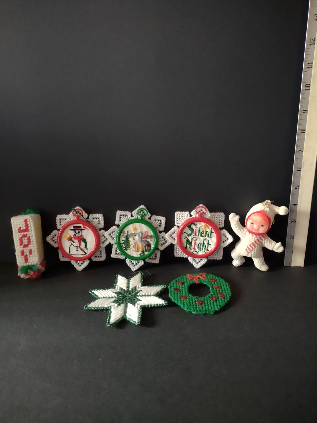 Christmas 3 Plastic Canvas 3 Cross Stitch Ornaments Handmade (Lot 4757)
