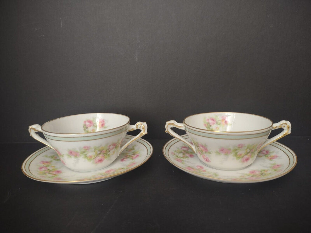 Old Abbey Limoges France 2 x Bouillion Cup Mint band Gold Trim Rose (lot 547)