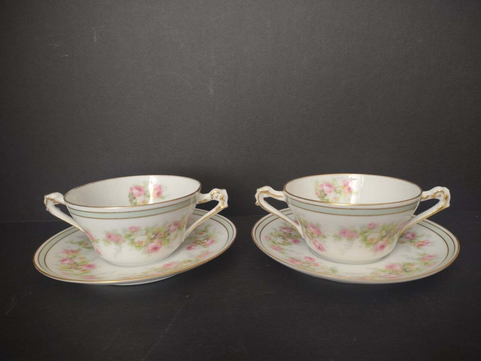 Old Abbey Limoges France 2 x Bouillion Cup Mint band Gold Trim Rose (lot 547)