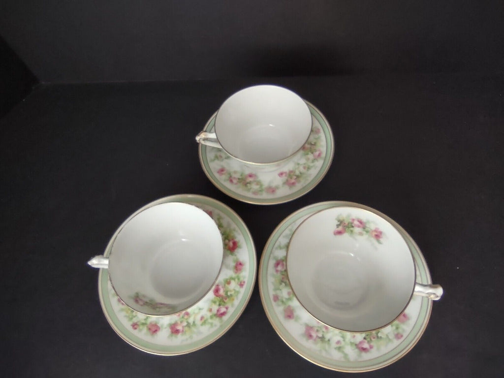 Coronet Limoges France 3 x Tea Cup Mint Band Gold Trim Pink Rose (lot 548)