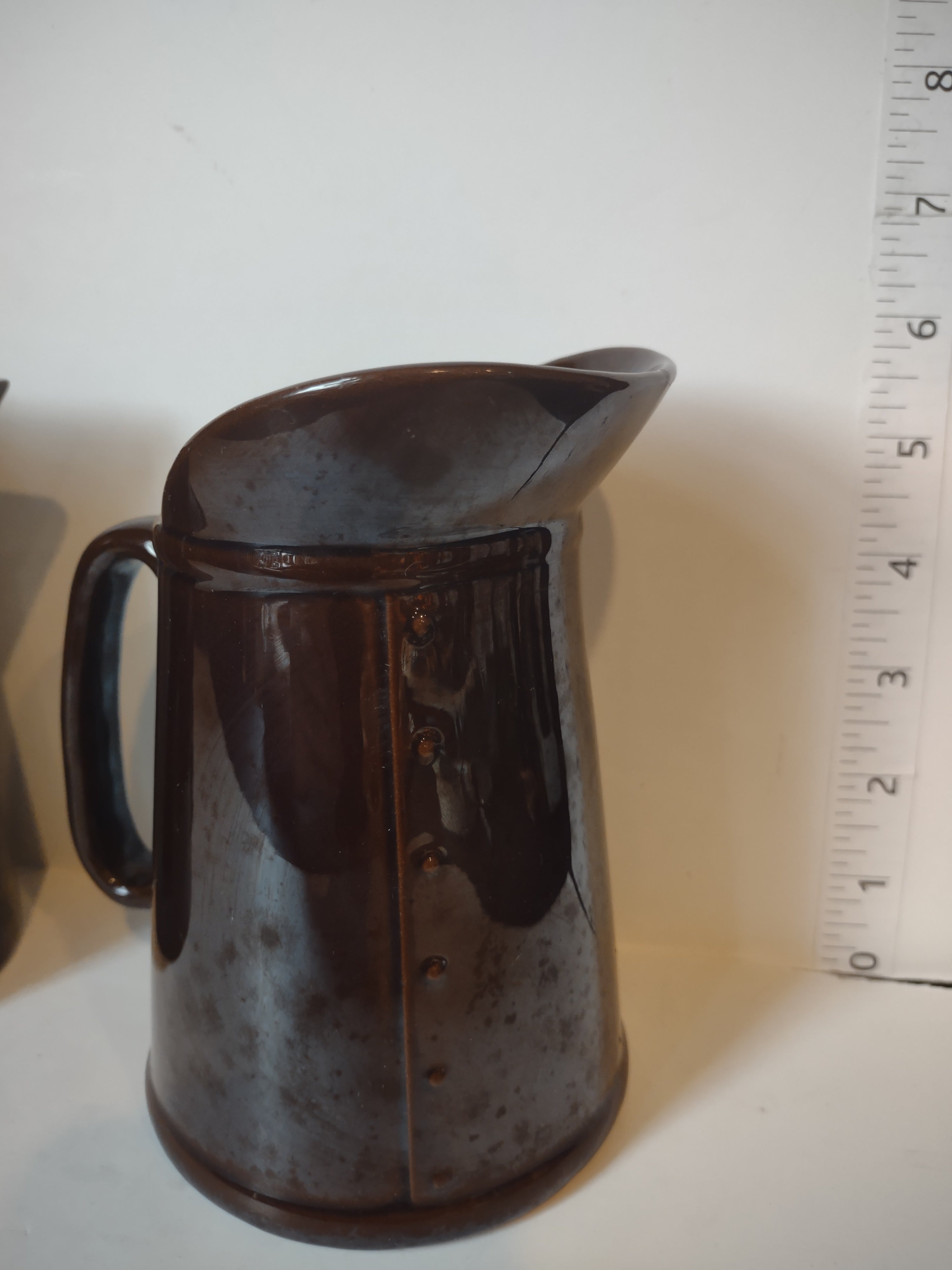 Vintage Redware Syrup Pitcher x 2 Rooster Vegetables (lot 2994c)