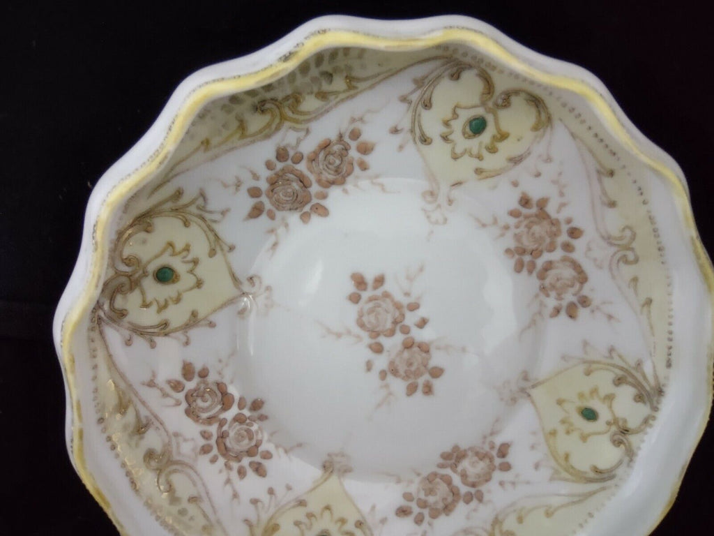 037 Vintage Hand Painted Nippon Moriage Gold Beaded Raised Design Footed Dish