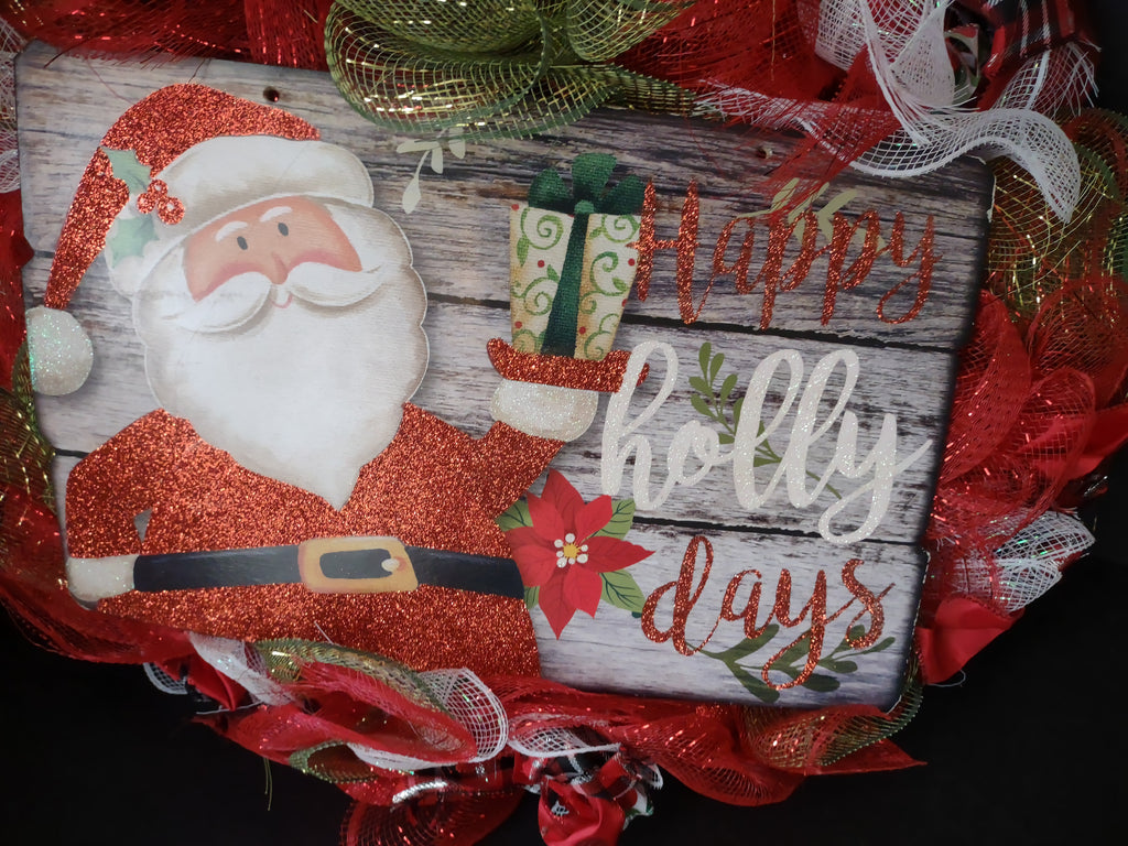 Christmas Happy Holly Days Mesh Ribbon Wreath Handmade 22" (lot 1399)