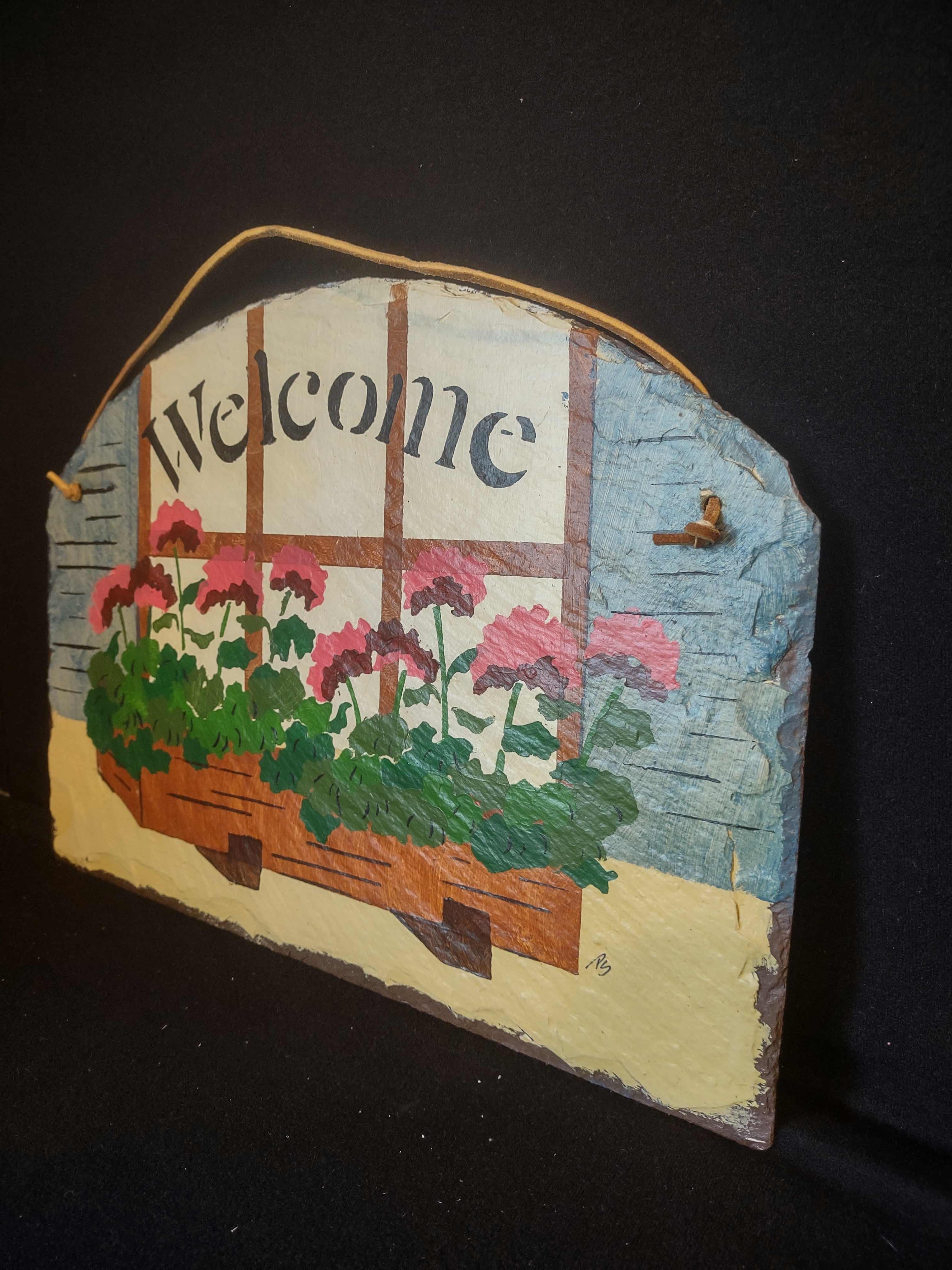Vintage Slate Stone Painted Flower Bed Welcome Sign 14" x 10" (lot 2685)