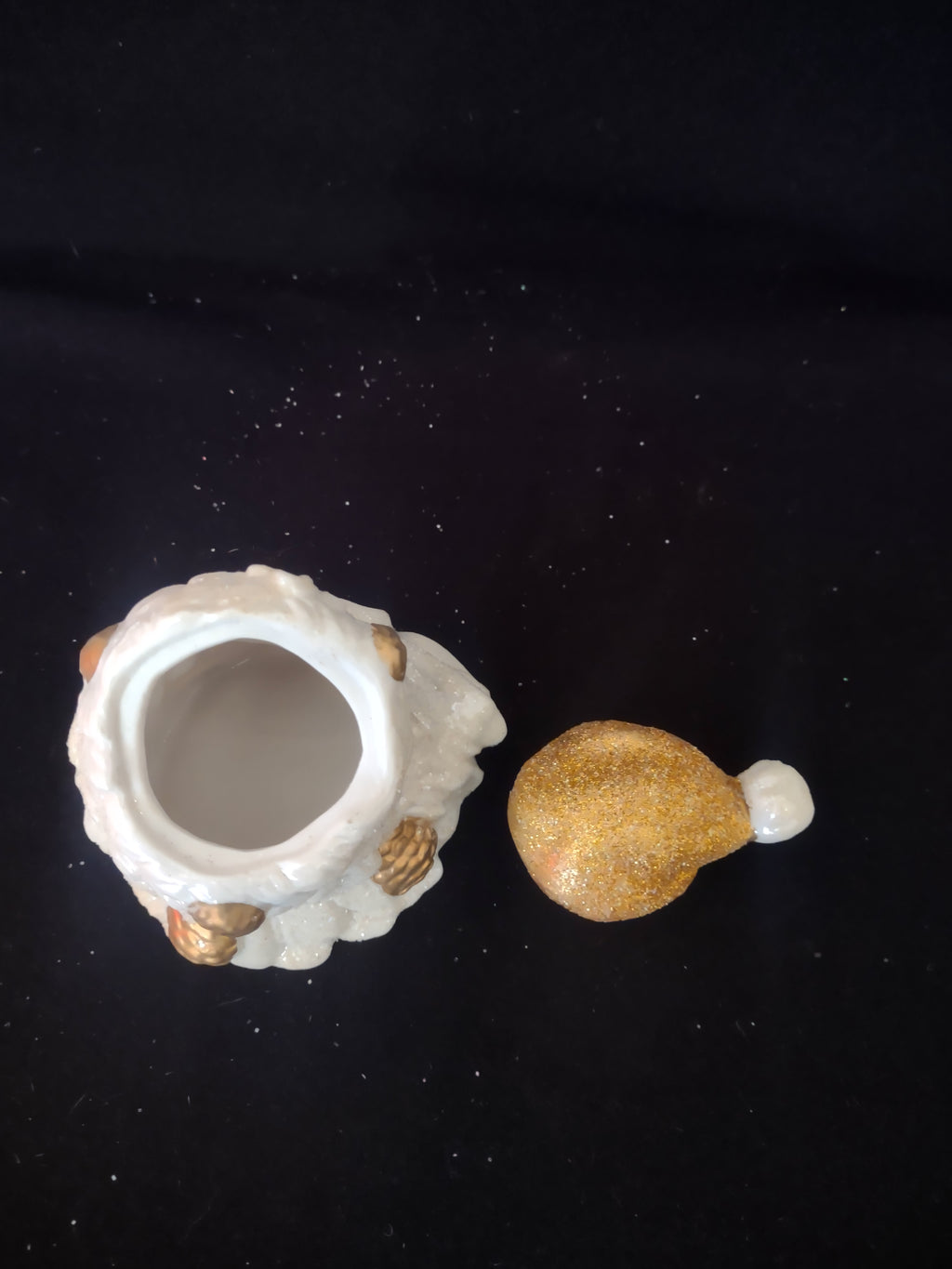 Vintage Ceramic Christmas White Gold Sparkle 3" Santa Cracker Barrel (Lot 4553)