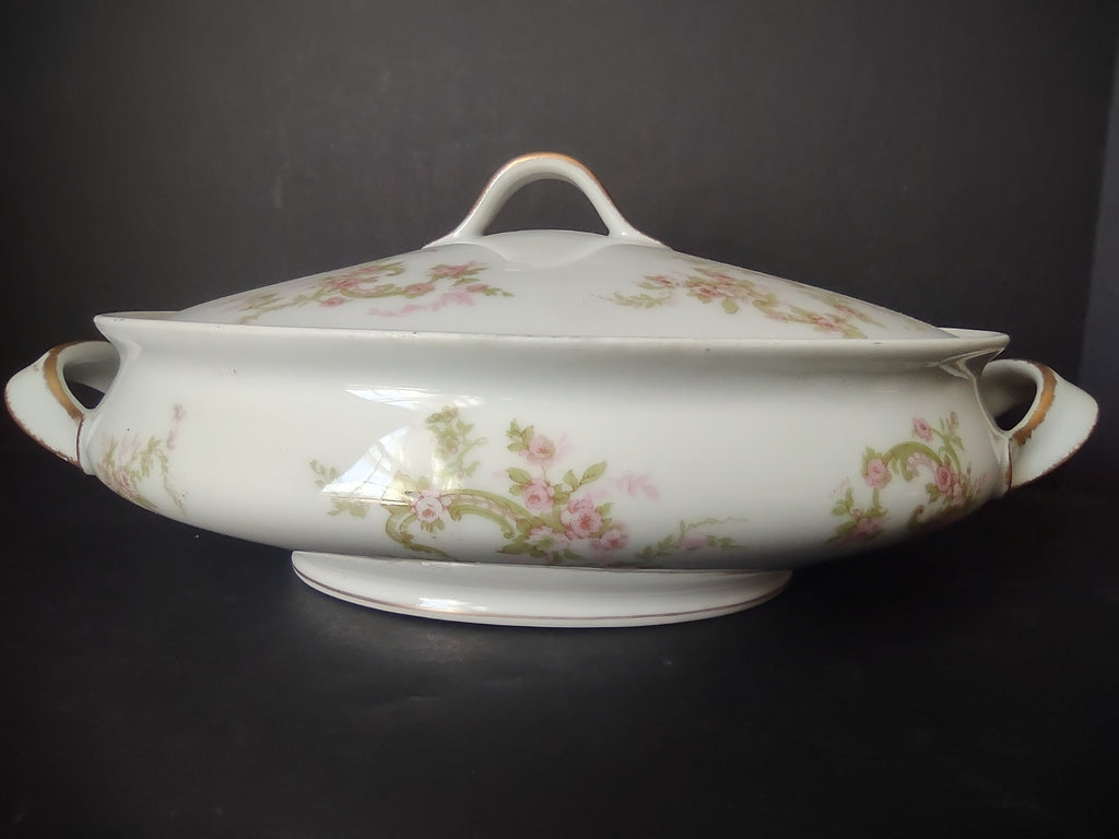 Haviland Limoges Oval Vegetable Tureen Pink Rose Green Ribbon (lot 887)