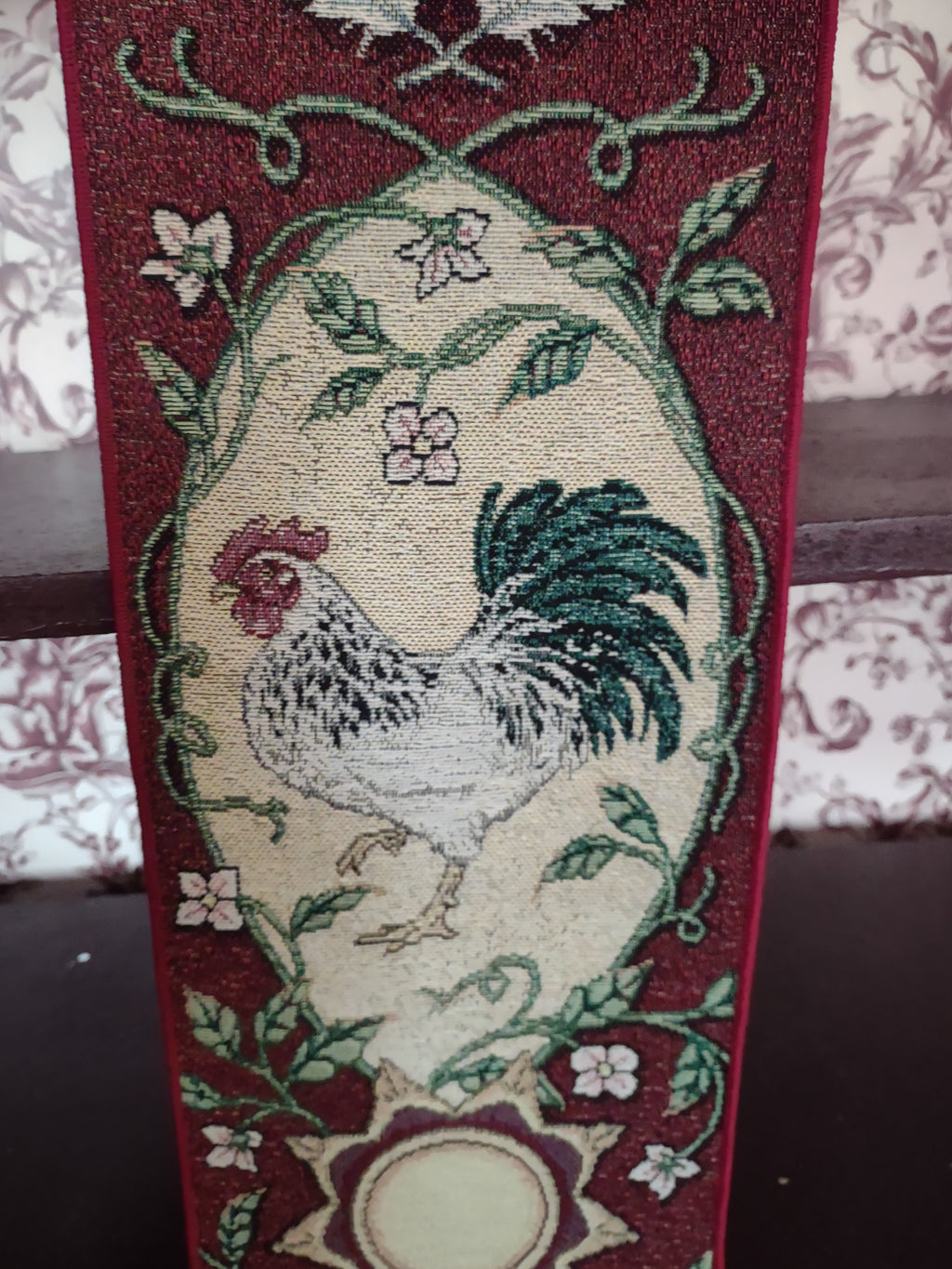 Vintage Rooster Tapestry Fabric Wall Hanging 40" Red Maroon Made USA (lot 3242)