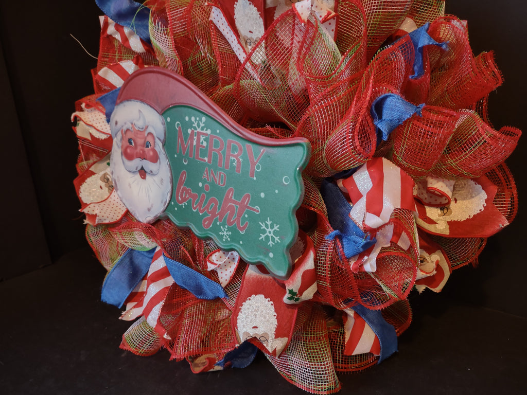 Handmade Christmas Wreath Sparkly Red White Blue Ribbon 22" Santa Merry lot 1294